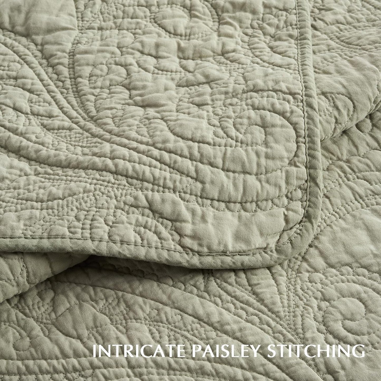 EVERGRACE 100% Cotton Paisley Quilt Set, King Size 3 Piece Set – Prewashed Lightweight Bedspread with 2 Shams, Soft & Breathable Matelasse Coverlet for All-Season Comfort, Light Sage Green
