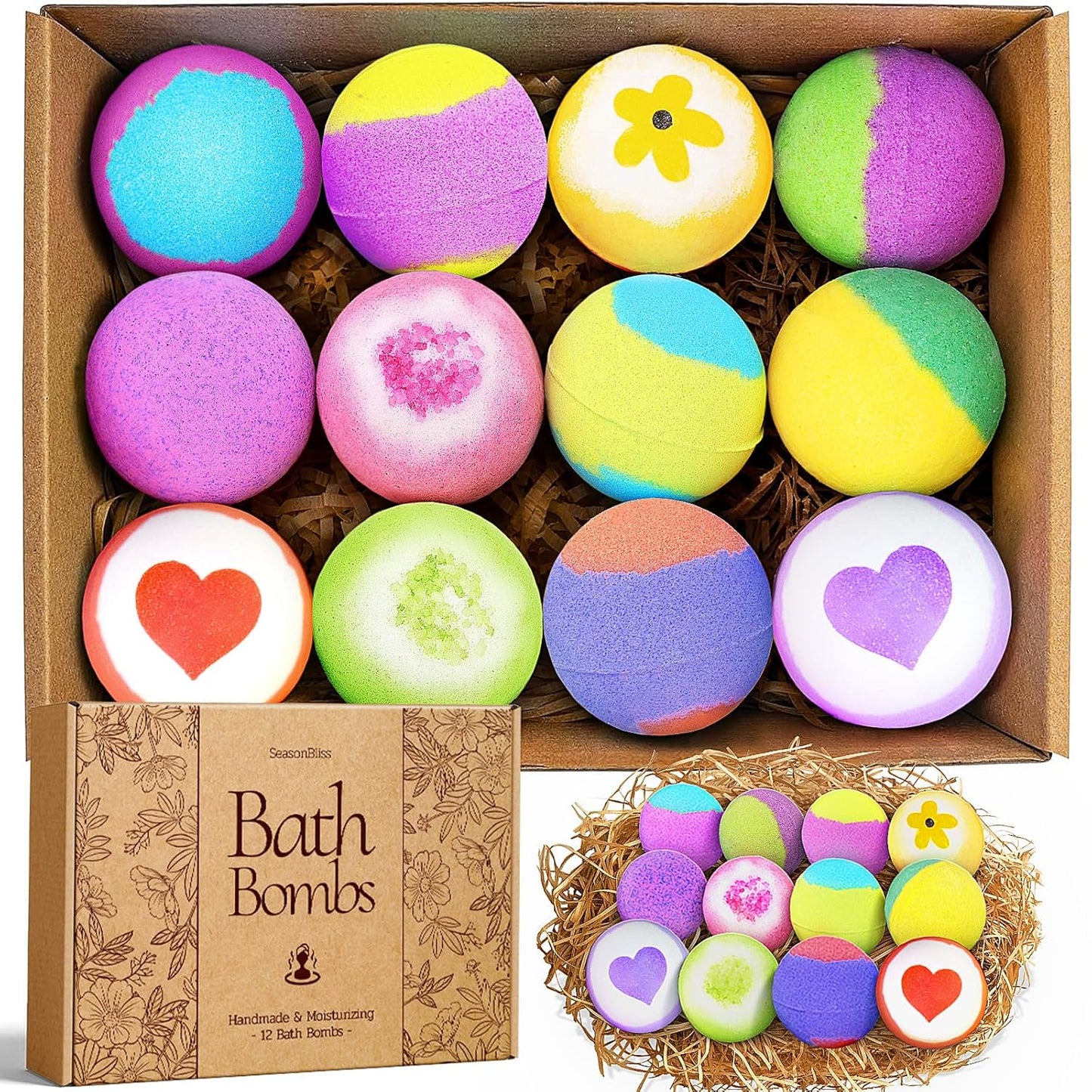 Christmas Bath Bombs, 12 Pack Handmade Bubble Shower Bombs Set, Shea Butter & Individually Wrapped, Present Idea for Her/Him, Wife, Mom Women