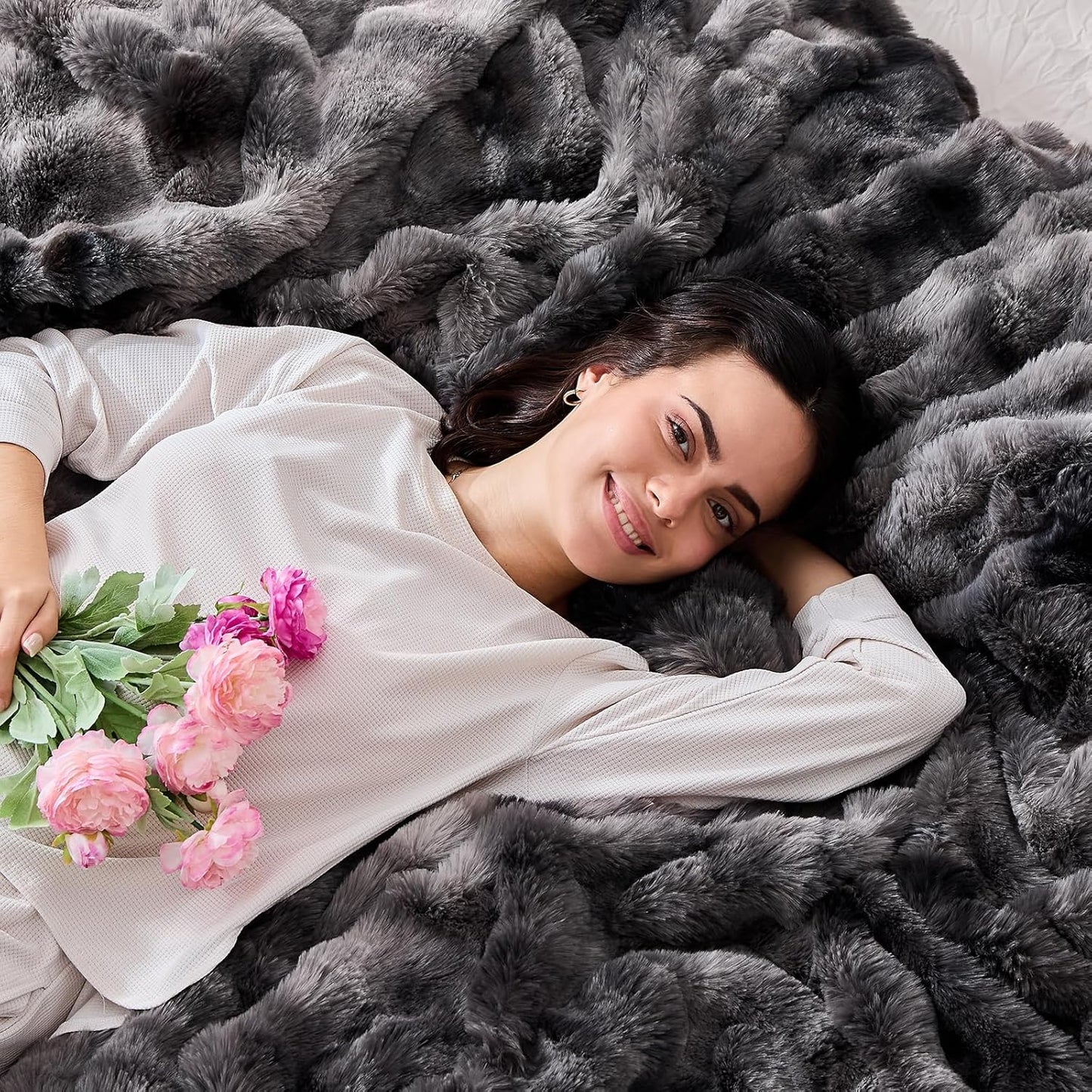 Fluffy Faux Rabbit Fur Throw Blanket - Soft, Luxury, Cozy Thick Warm Decorative Bubble Blanket for Bed, Sofa (Throw Size 50''x60'', Tie-Dyed Dark Grey)
