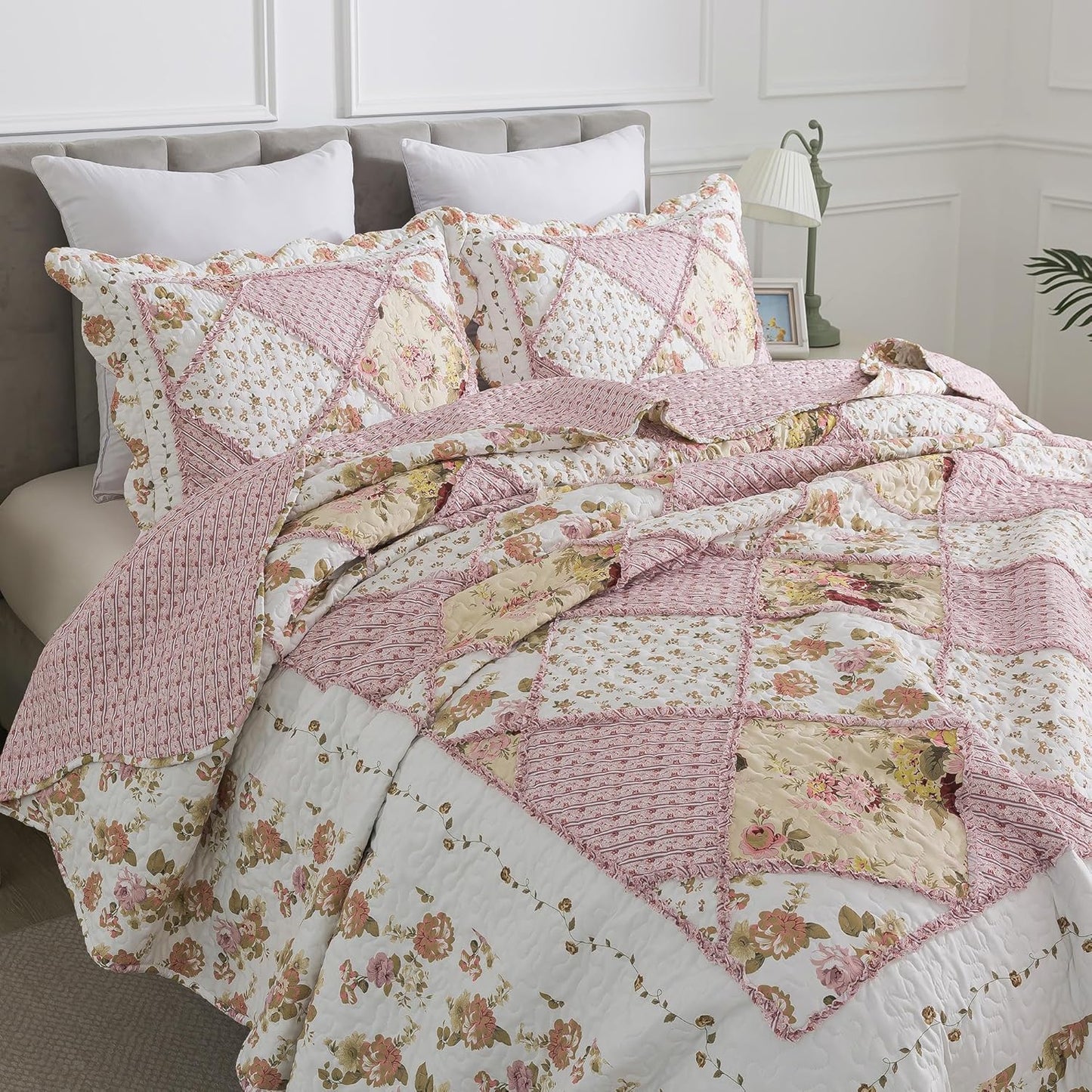 HoneiLife Quilt Set King Size - Fluffy Bedspreads 106x96, Microfiber Quilts 3-Piece, Patchwork Coverlet Rustic Bedding Sets All Season Quilts