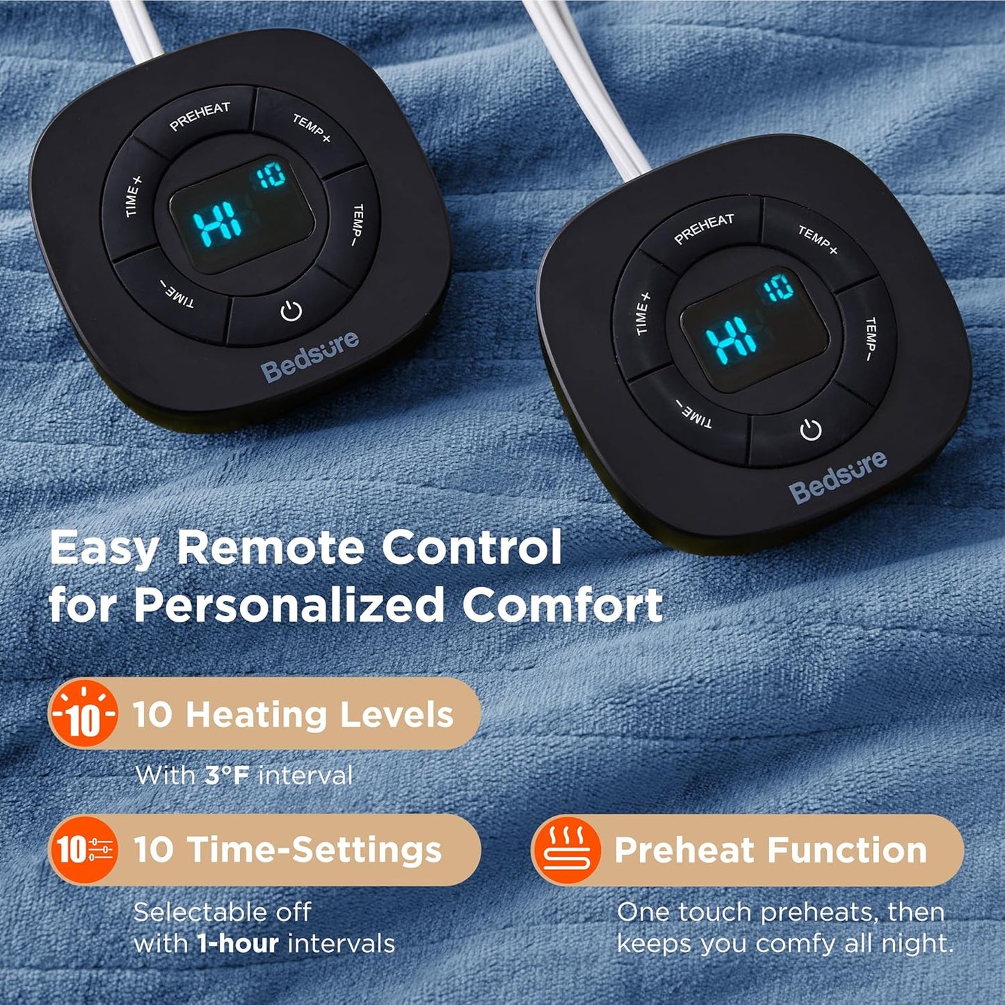 Bedsure Electric Blanket Queen Size - Dual Control Heated Blanket Queen, Fast Heating with 10 Time Settings & 10 Heat Settings, Warm Gift for Grandma (84x90 inches, Blue)