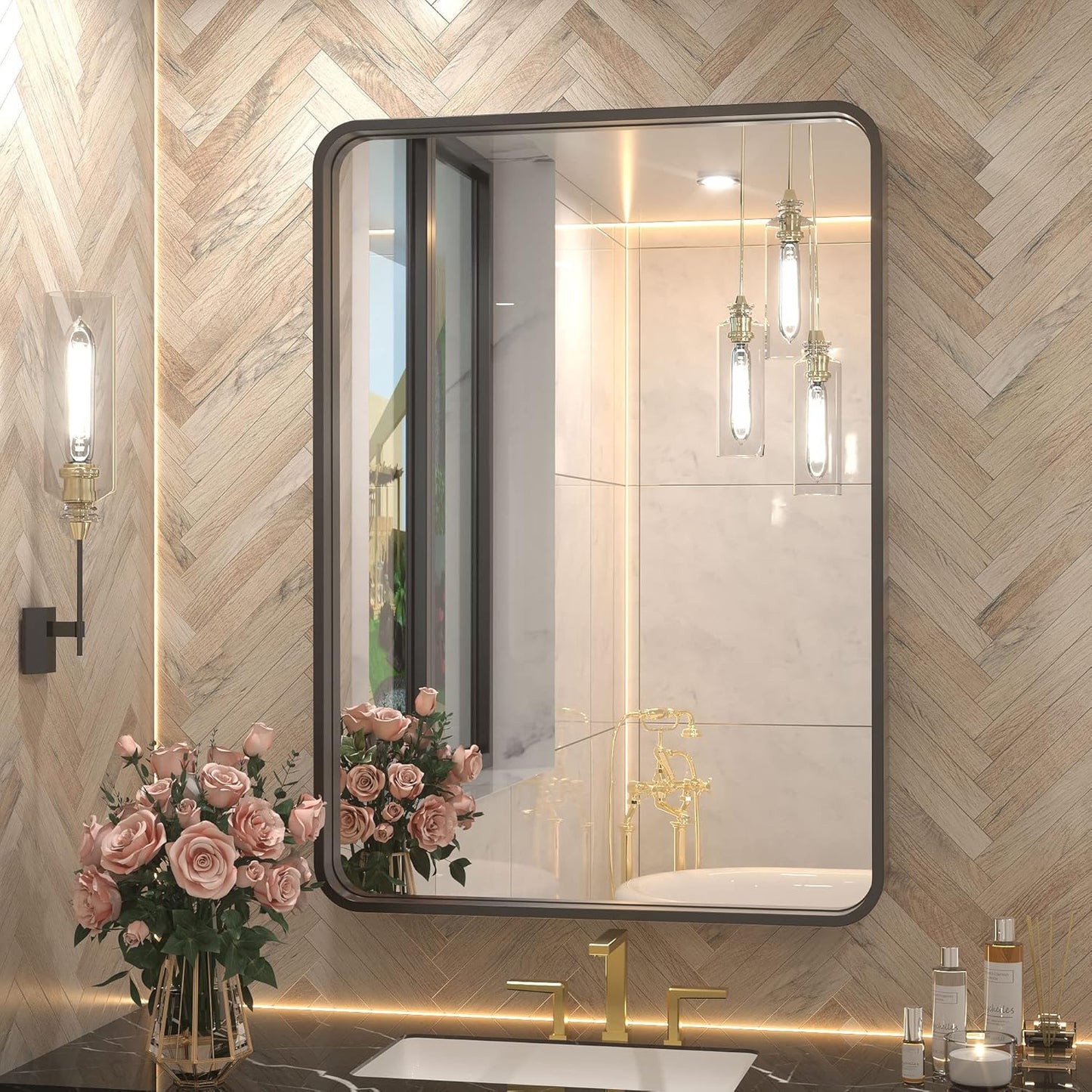 TETOTE Black Framed Bathroom Mirror, 24 x 32 Inch Matte Metal Frame Vanity Mirror, Farmhouse Wall Mounted Rectangle Mirror (Horizontal/Vertical)