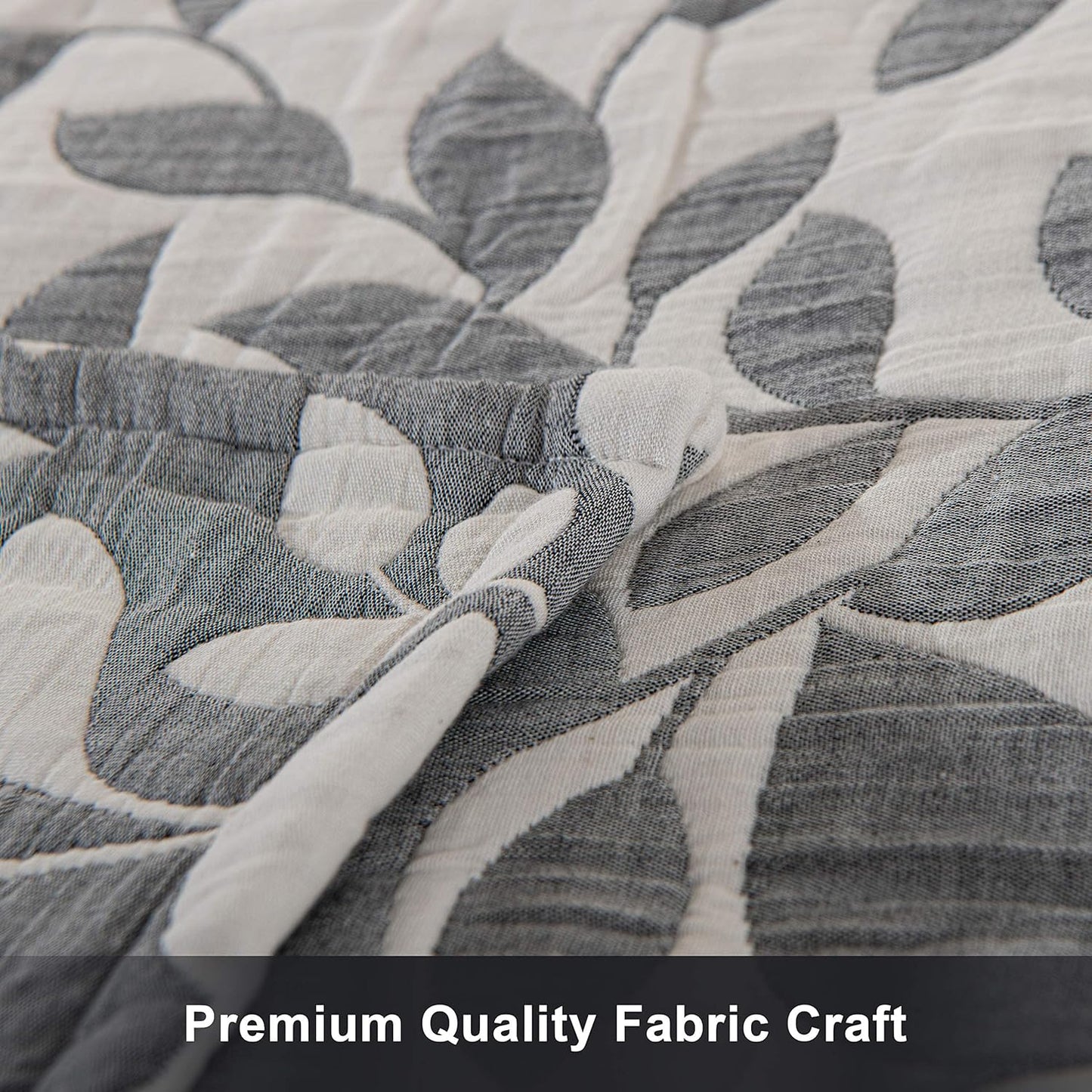 NTBAY 3 Layers Cotton Muslin 68x92 Twin Bed Blanket, Super Soft Breathable Thermal Yarn Dyed Quilt for Adults, Perfect Lightweight Blanket for Couch Sofa Bed All Seasons, Grey Leaf