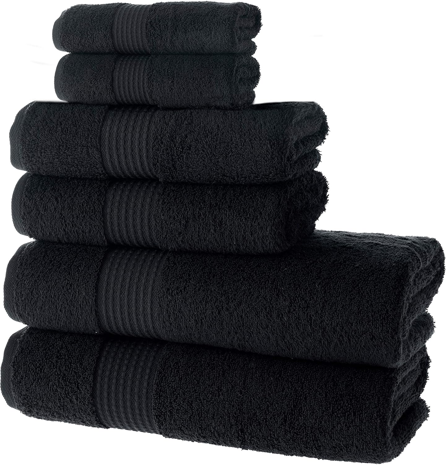 MAURA Basics Bath Towel Sets for Bathroom with Hanging Hook Loops. 2 Bath Towels, 2 Hand Towels, 2 Washcloths, Soft, Durable, Long Lasting and Absorbent Towels Set, Black