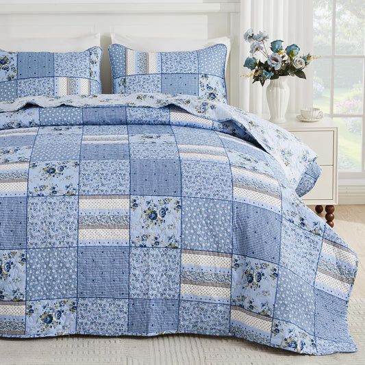 ENJOHOS 128x120 California King Quilt Sets Oversized, 3 Pcs Blue Plaid Floral Cal King Bedspread Coverlet Set for All Seasons, Patchwork Reversible Bedding Set