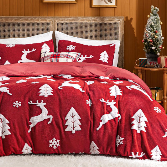 Bedsure Fluffy Christmas Duvet Cover Set - Ultra Soft Plush Shaggy Comforter Cover Twin Size, Warm Flannel Fleece Bed Sets for Winter, 2 Pieces, Reindeer Pattern, Red