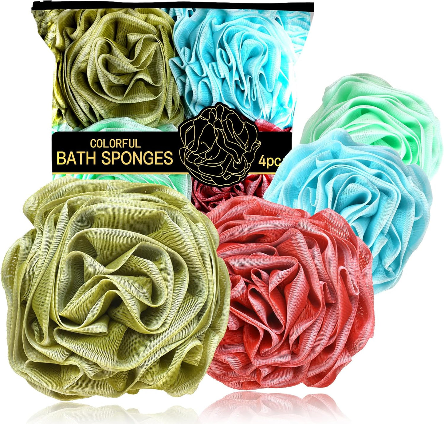 Large Bath Sponge Pouf 70g, 6.3 Inch Exfoliating Shower Loofah, Soft Durable PE Mesh with Reinforced Knotting, Rich Lather Body Wash Scrubber, 4-Pack Elegant Colors Gift Set（C-4Pcak）