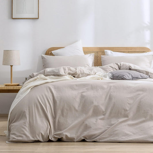 BESTOUCH Duvet Cover Set 100% Washed Cotton Linen Feel Super Soft Comfortable Chic Lightweight 3 PCs Home Bedding Set Solid Linen Grey Oversized Full