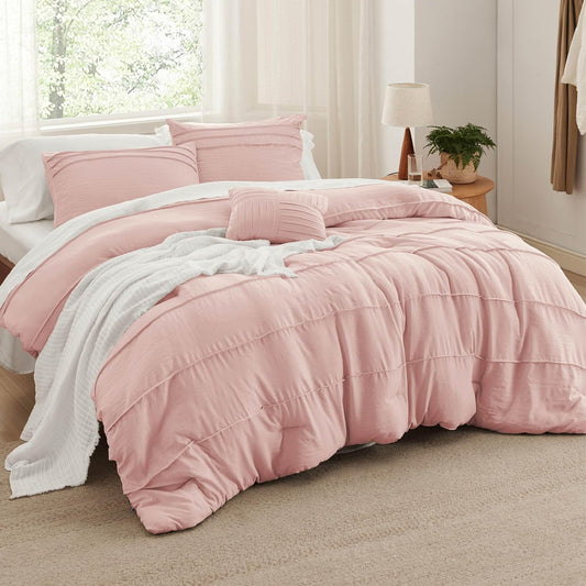 Bedsure Full Comforter Set - 4 Pieces Pinch Pleat Bed Set, Light Pink Boho Bedding for All Season, 1 Soft Comforter, 2 Pillowcases, 1 Decorative Pillow