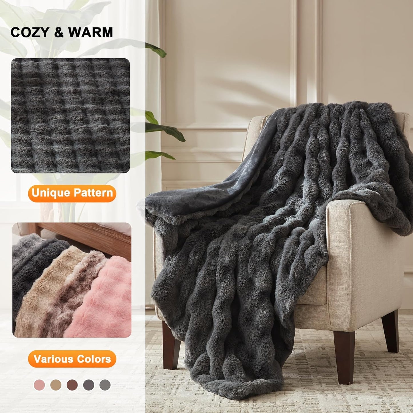 Heated Throw Blanket - Plush Thick Bubble Faux Fur Heated Blanket, Fast Heating Electric Blanket 6 Heating Levels & 4 Hours Auto-Off, Machine Washable, 50"x60", Dark Grey