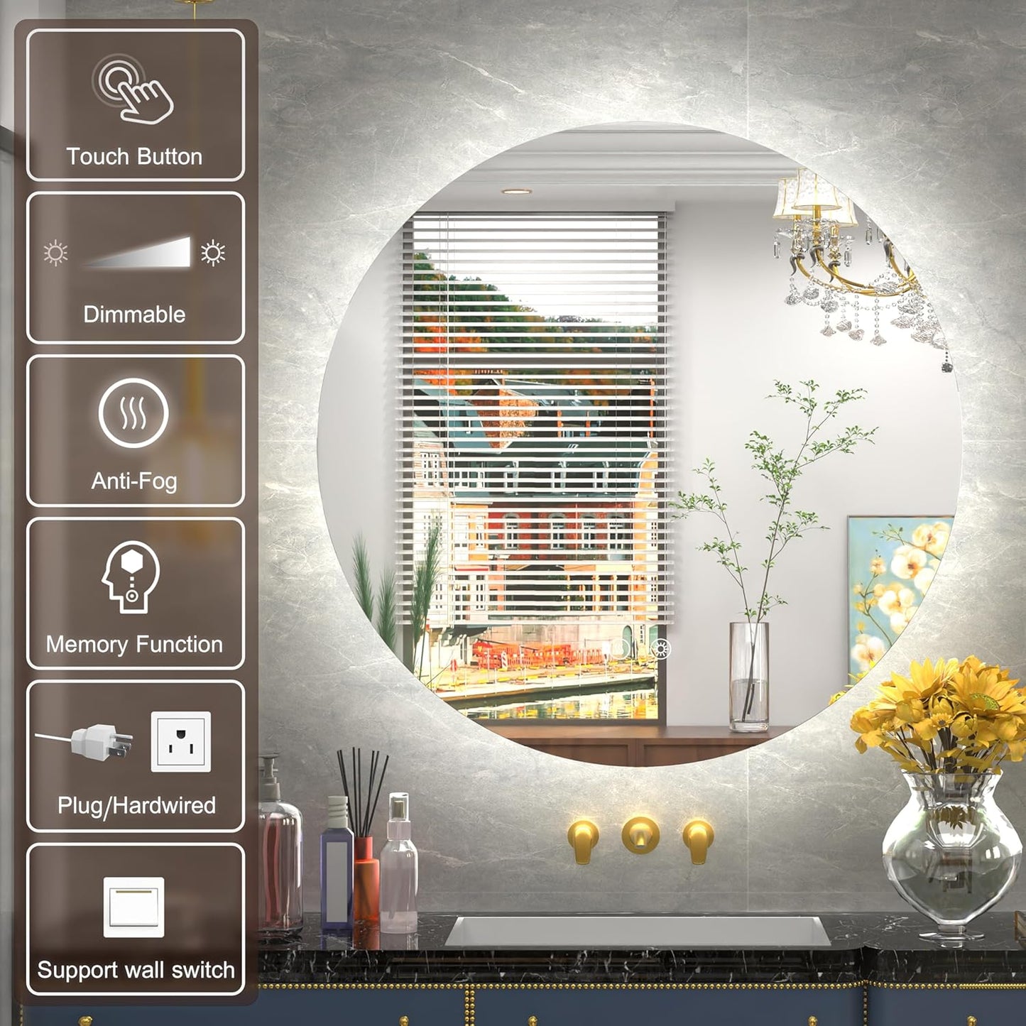 36 Inch Frameless Round LED Bathroom Mirror with Lights, 3 Color Temperatures (3000K/4500K/6000K), Anti-Fog, Dimmable Backlit, Round Vanity Mirror with Lights Wall Mounted