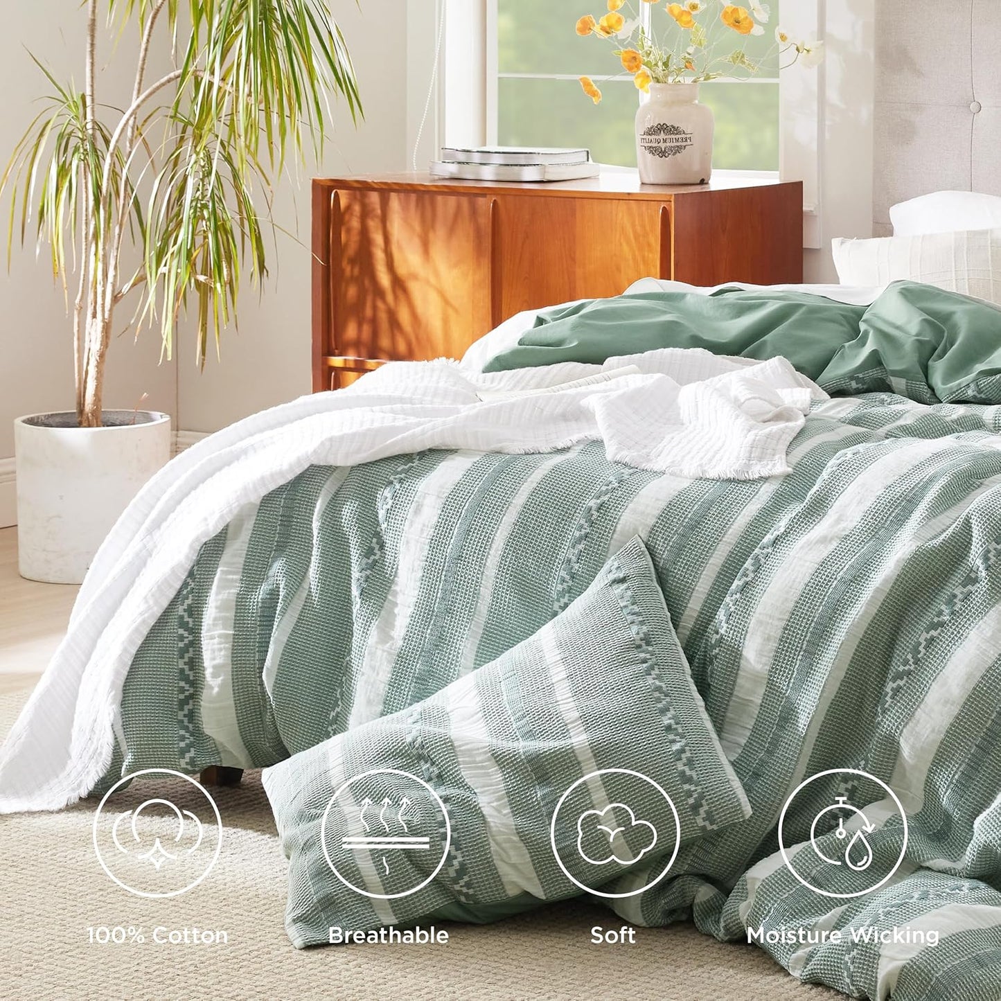 Bedsure Waffle Weave Duvet Cover King - 100% Cotton Boho Duvet Cover with 2 Pillowcases - Green Textured Comforter Cover with Zipper Closure (King, 104"x90")