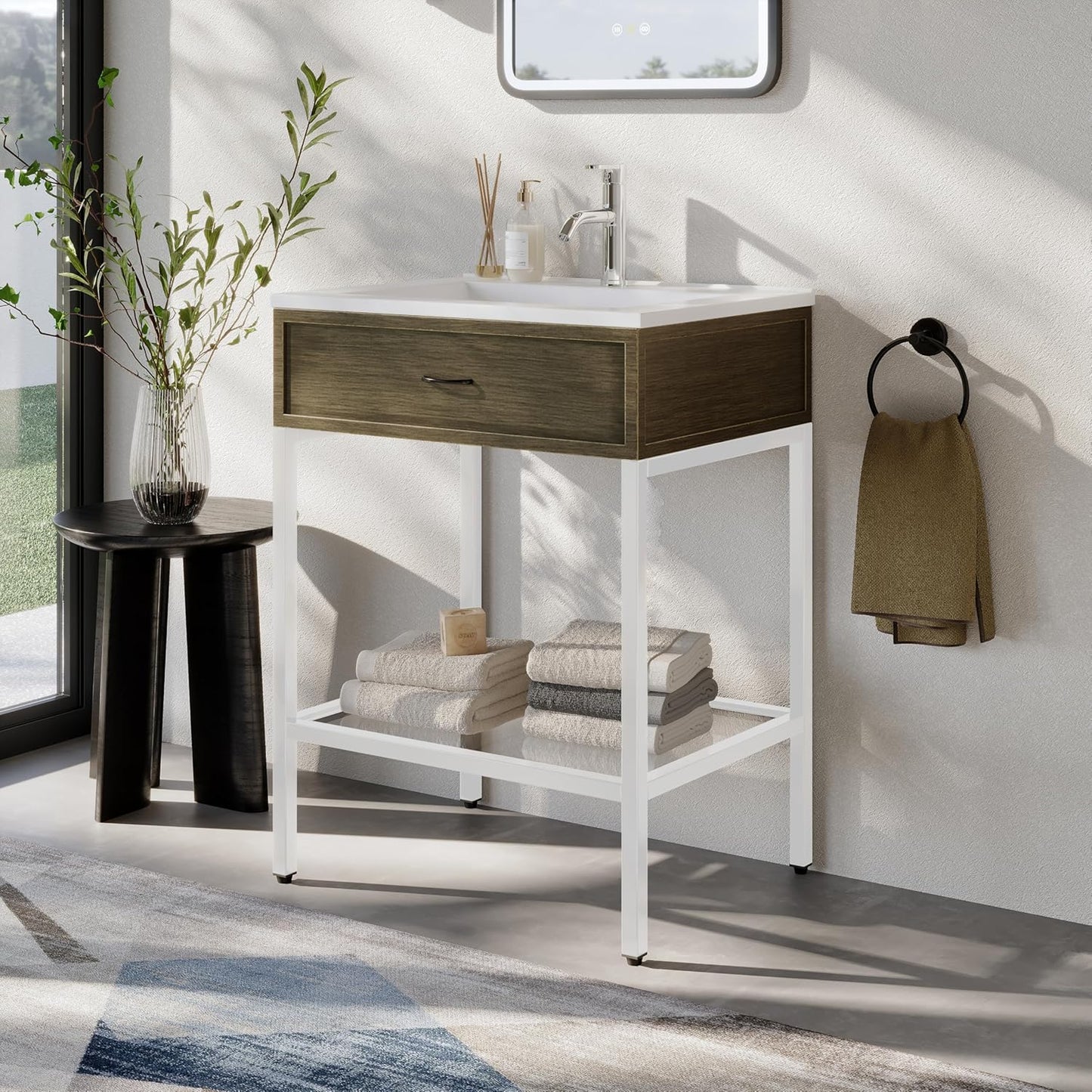 24 Inches Bathroom Vanity with Resin Sink, Single Sink Modern Cabinet Set, Stainless Steel Frame with Tempered Glass Open Shelf, Freestanding Bathroom Storage Cabinet Combo, White