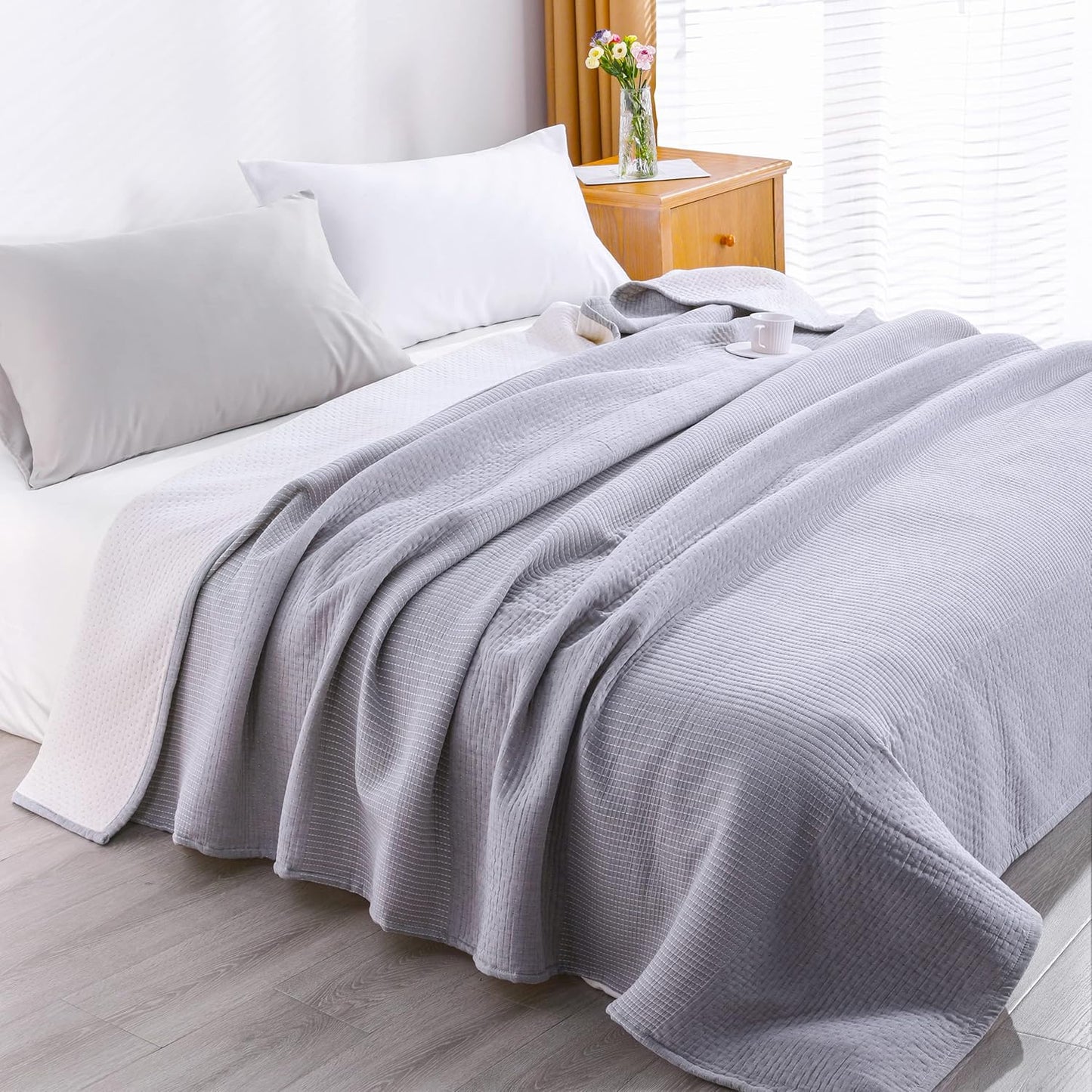 NTBAY 3 Layers Cotton Muslin 68x92 Twin Bed Blanket, Super Soft Breathable Thermal Yarn Dyed Quilt for Adults, Perfect Lightweight Blanket for Couch Sofa Bed All Seasons, Grey Dot