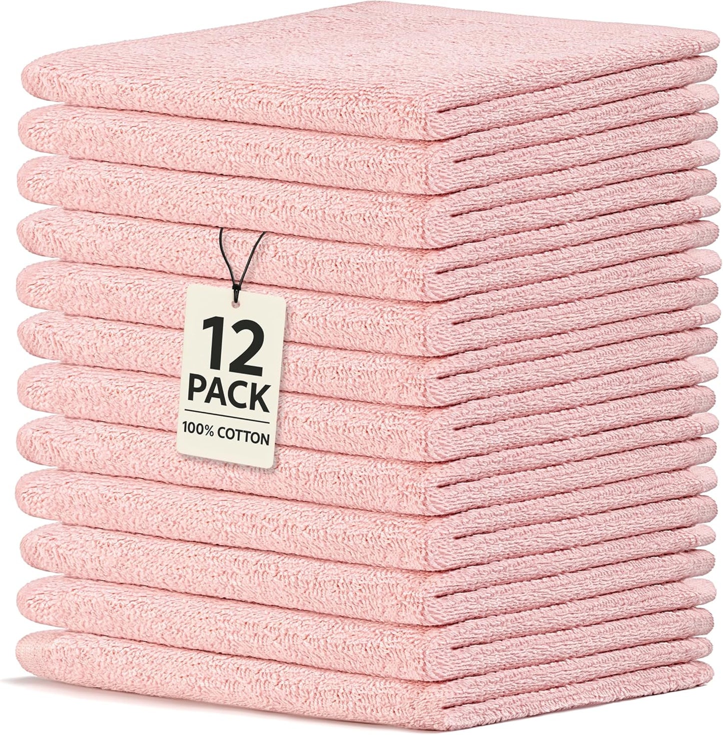 Crystal Ridge Cotton Wash Cloths 12 Pack - Washcloths for Showering, Face and Body, Soft and Highly Absorbent Multipurpose Towels for Bathroom, Kitchen, Spa and Gym - Wash Rags 12 x12 (Lt Pink)