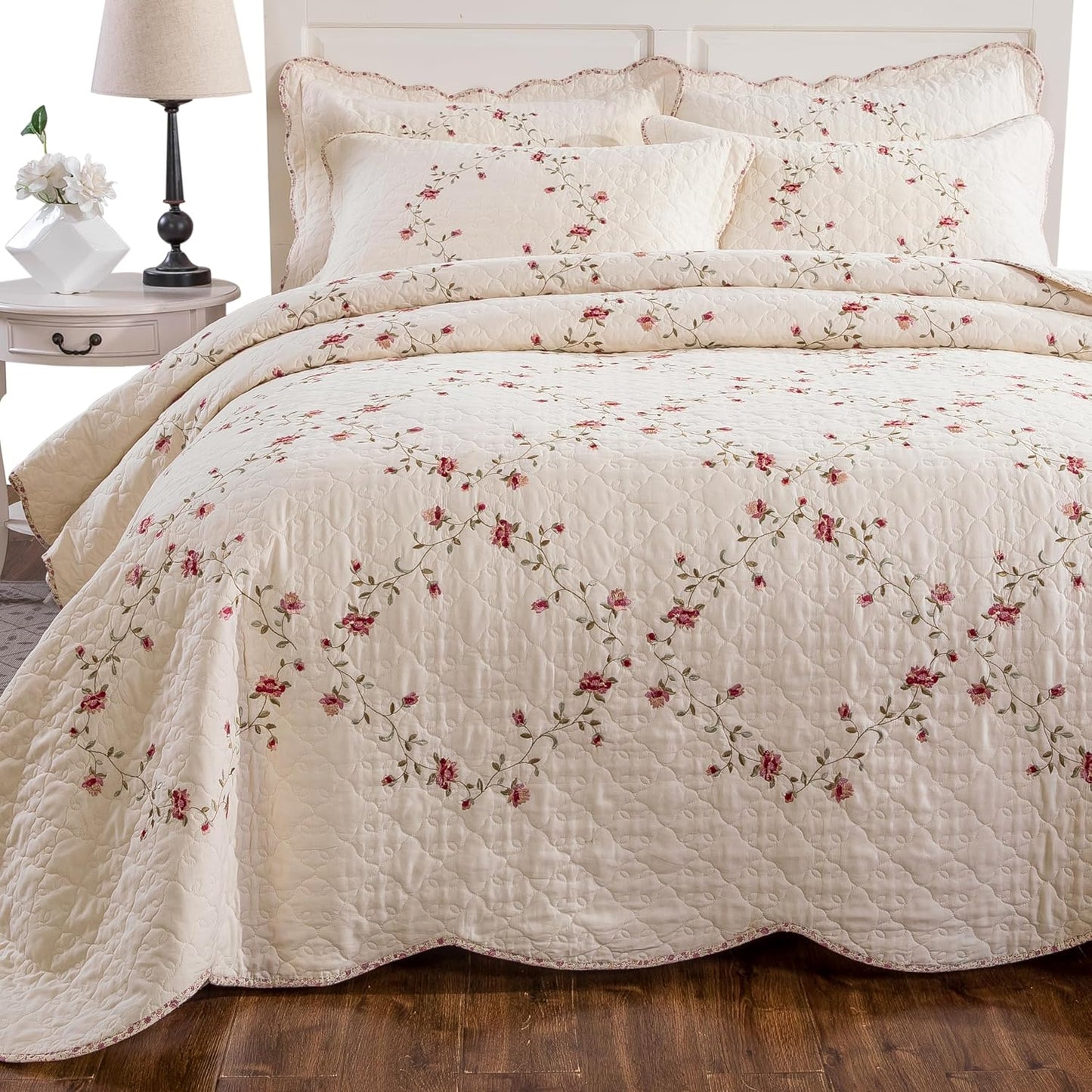 Quilt Set Floral Leaves 3D Embroidery Pattern 3 PCS Cotton Reversible Quilted Embroidered Decorative Bedspreads Coverlet Set, Lightweight &Soft Full Size Beige Bedding Coverlet for All Season