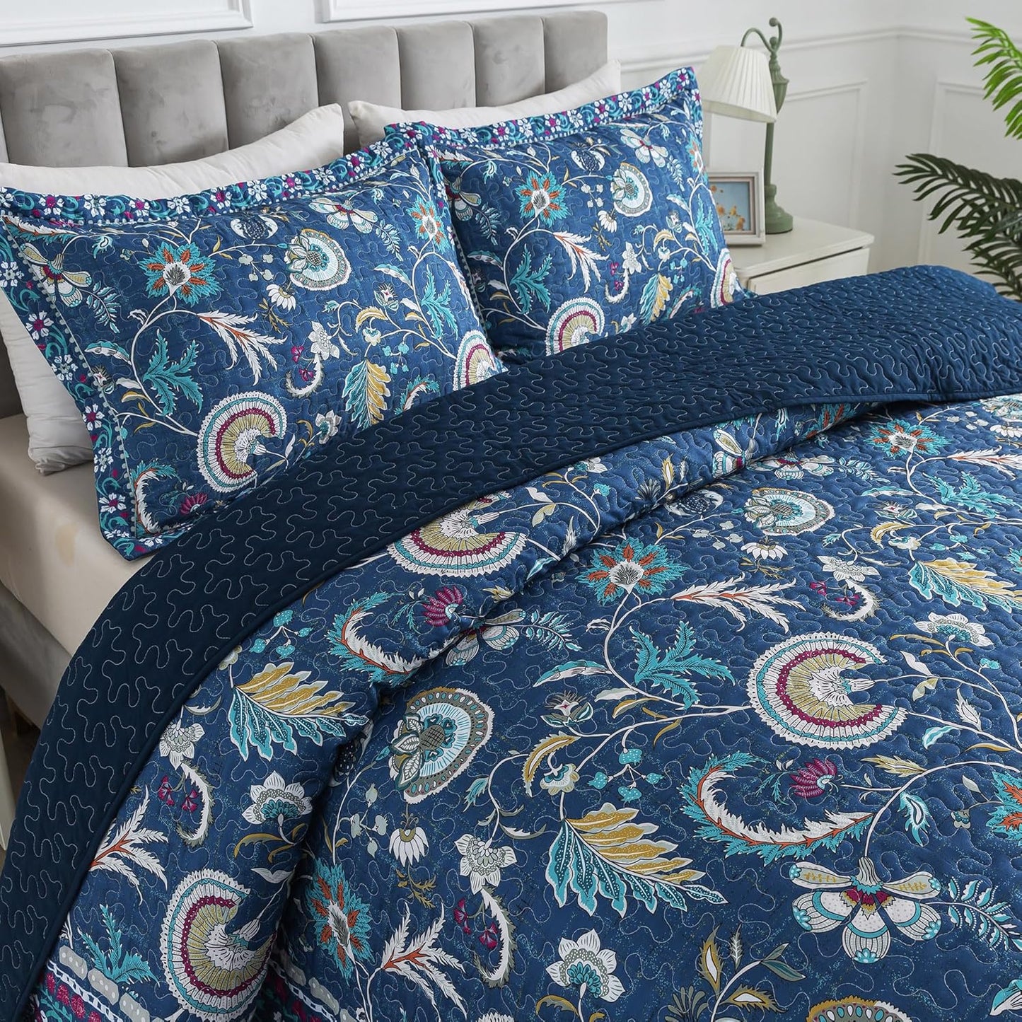 HoneiLife Queen Quilt Bedding Sets - Floral Quilt Bedding Sets 3-Piece 90x96, Microfiber Reversible Bedspreads Patchwork Coverlet Rustic Bedding Set All Season Quilts