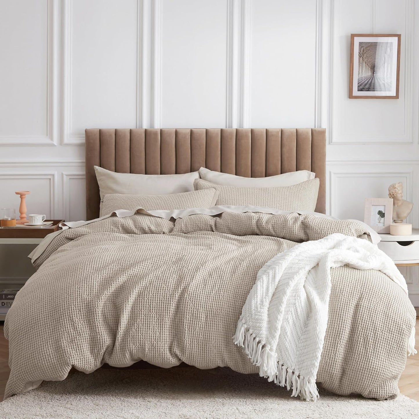 Bedsure 100% Cotton Duvet Cover Queen Size with Fitted Sheet - 4 Pieces Linen Color Waffle Weave Bedding Set, GentleSoft™ and Breathable, Includes 1 Duvet Cover 90x90, 1 Fitted Sheet, 2 Pillow Shams