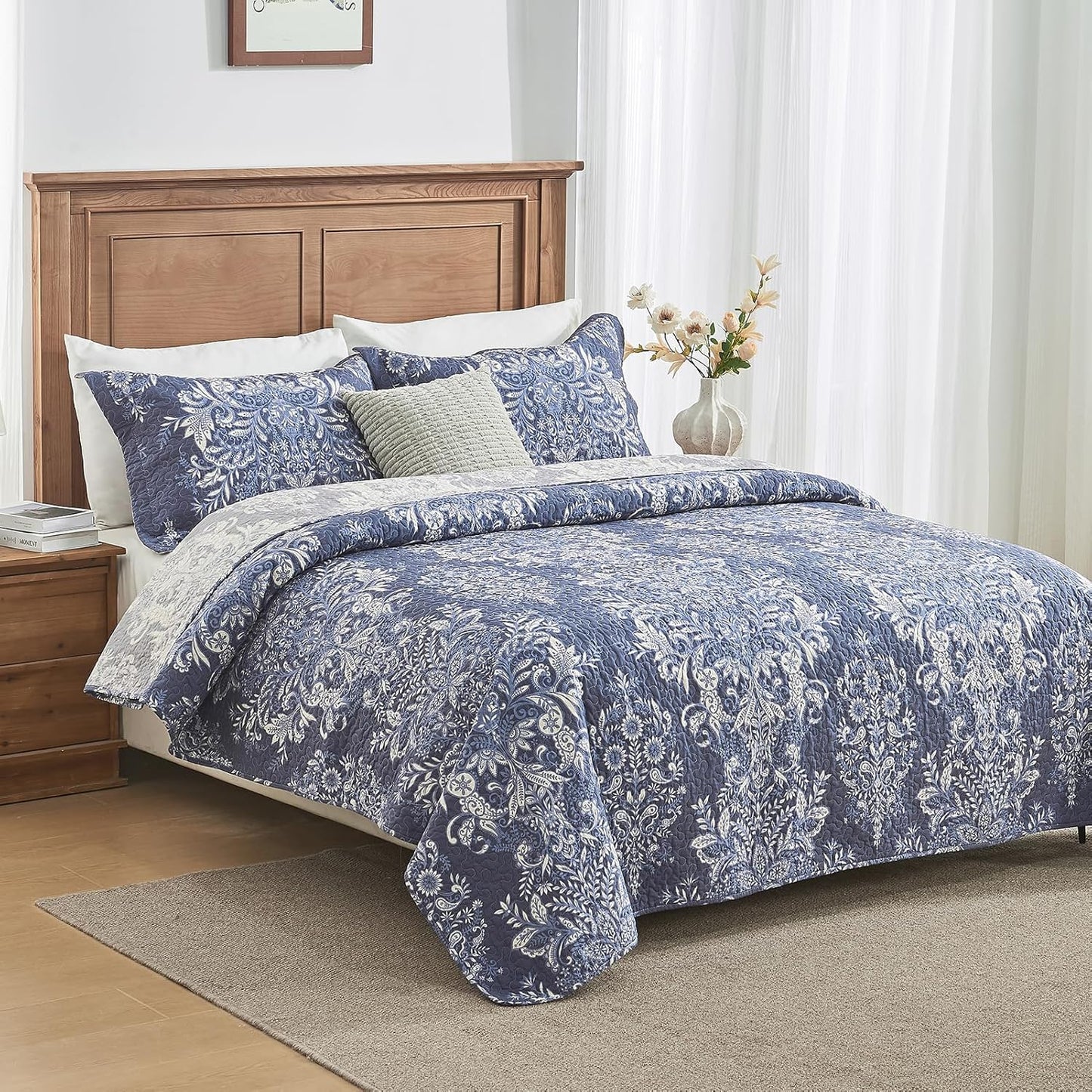 100% Cotton Quilt Set Queen Size - Damask Pattern Quilted Comforter, Vintage Reversible Queen Quilt Bedspread, Lightweight Bedding for Queen Bed, 3pcs, Blue