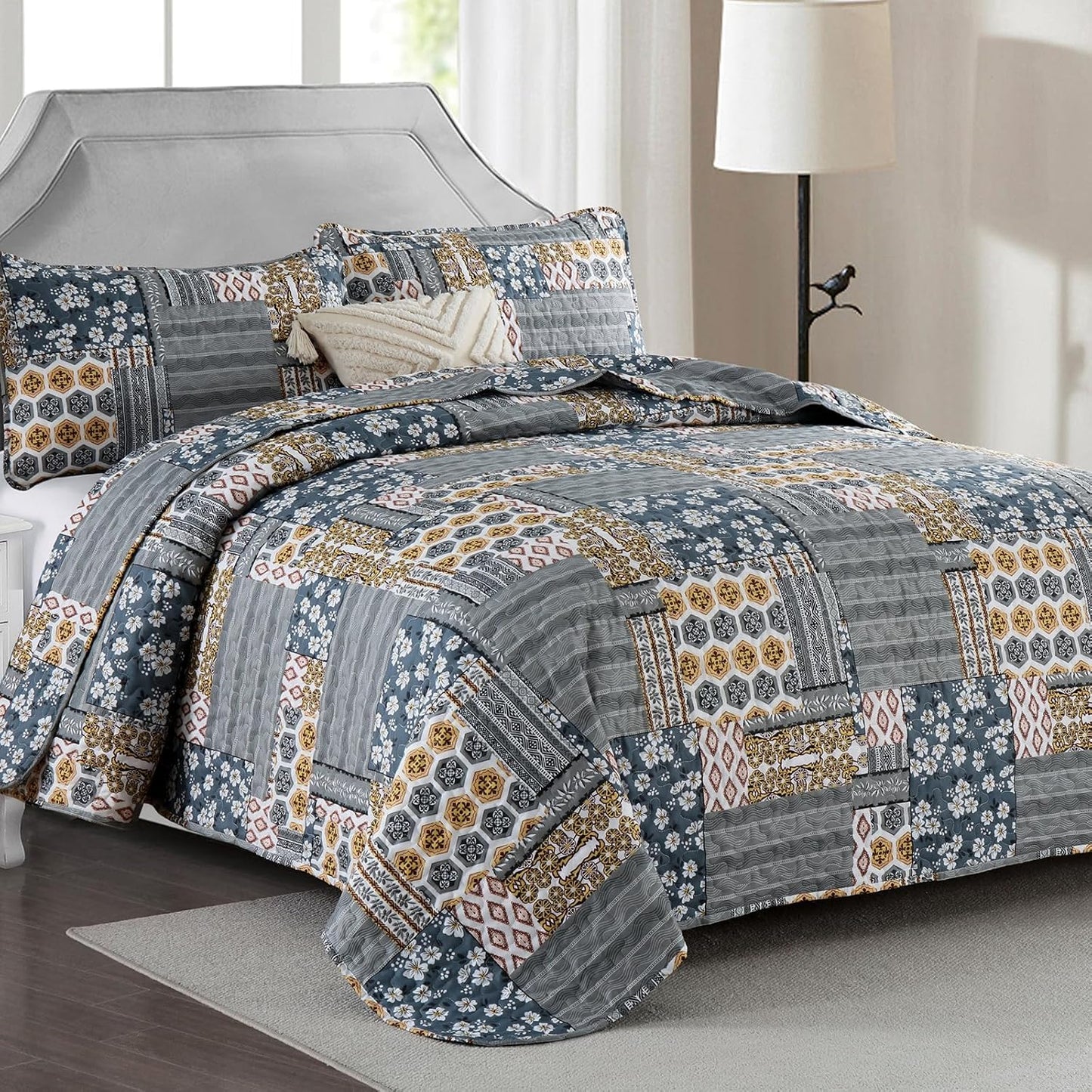 Mybedsoul Dark Grey Quilt Set Queen Size, 3 Pieces Plaid Floral Bedspread Set Patchwork Reversible Bedding Set Microfiber Lightweight Bedspread Coverlet Set for All Season 96"x90"