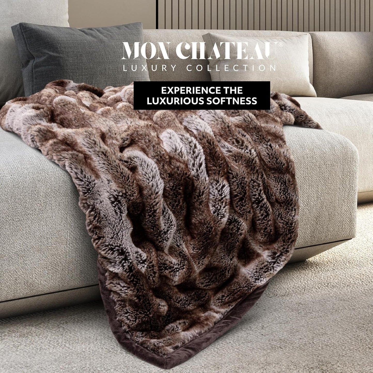 Mon Chateau 60" x 70" Reverie Faux Fur Throw, Reversible Soft Blanket for Queen-Size Bed, Couch, or Sofa, Cozy Home Decor and Stylish Living Room Comfort, Cedarwood Ruched
