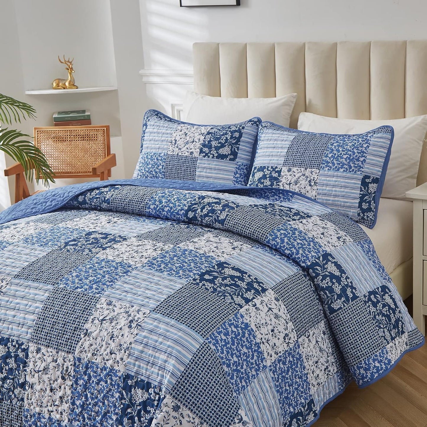 Mybedsoul Blue Quilt Set Twin Size, 2 Pieces Plaid Floral Bedspread Set Patchwork Reversible Bedding Set Microfiber Lightweight Bedspread Coverlet Set for All Season 68"x86"