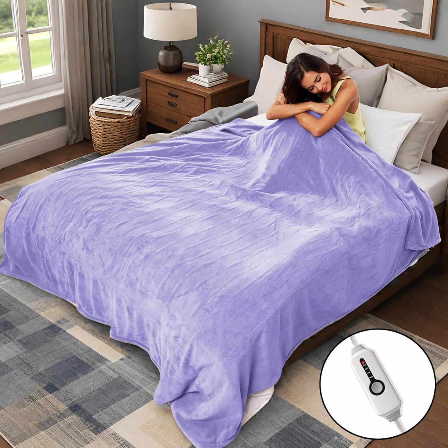 Electric Heated Blanket 90"x100" King Size, Soft Coral Fleece, Dual Controllers with 4 Heating Levels and 10 Hours Auto-Off, Machine Washable, Cozy Plush Fabric for Home, Light Purple