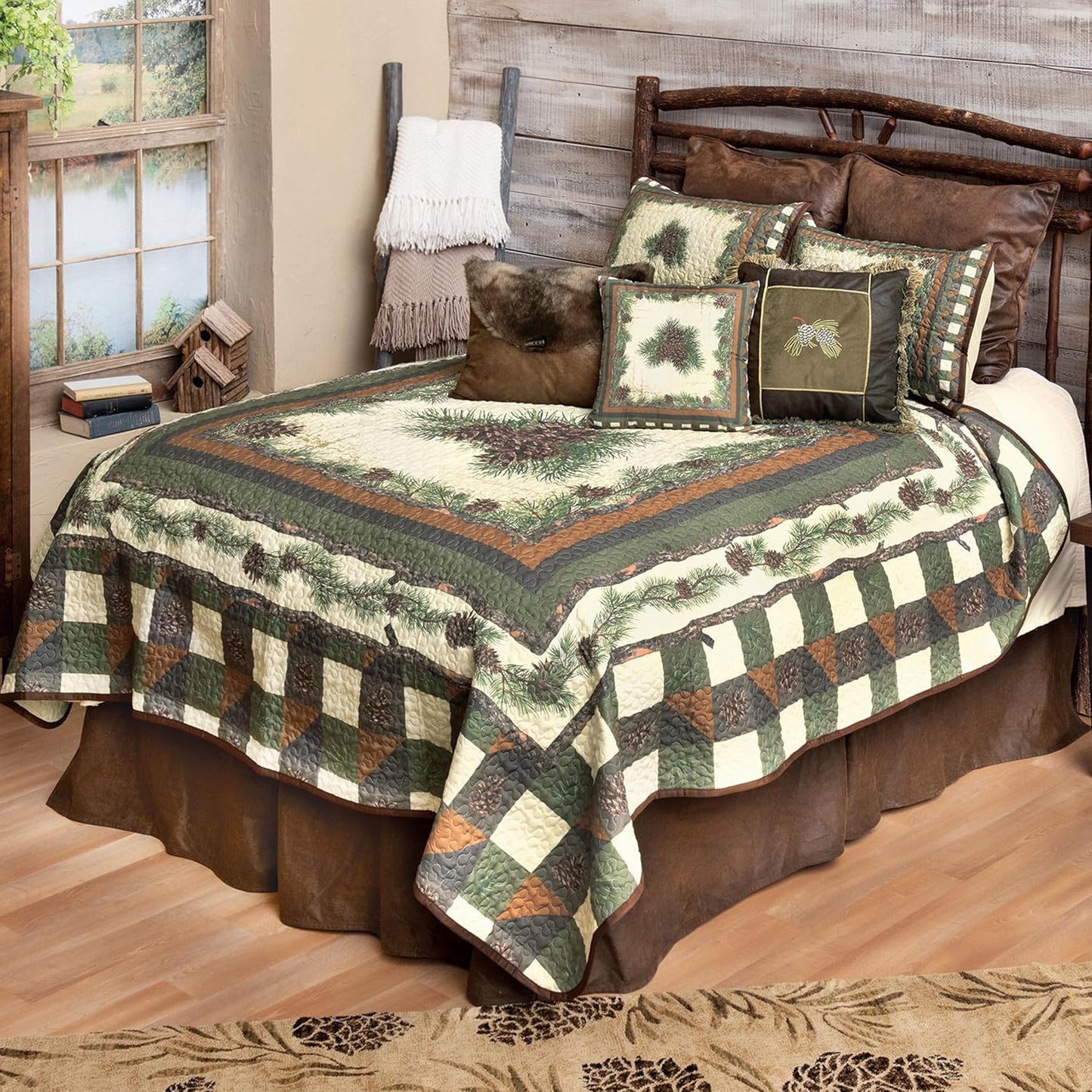 BLACK FOREST DECOR Woodland Pinecones Quilt Bed Set - King, Rustic Lodge Pinecone Quilt Bedding - 110" x 96"
