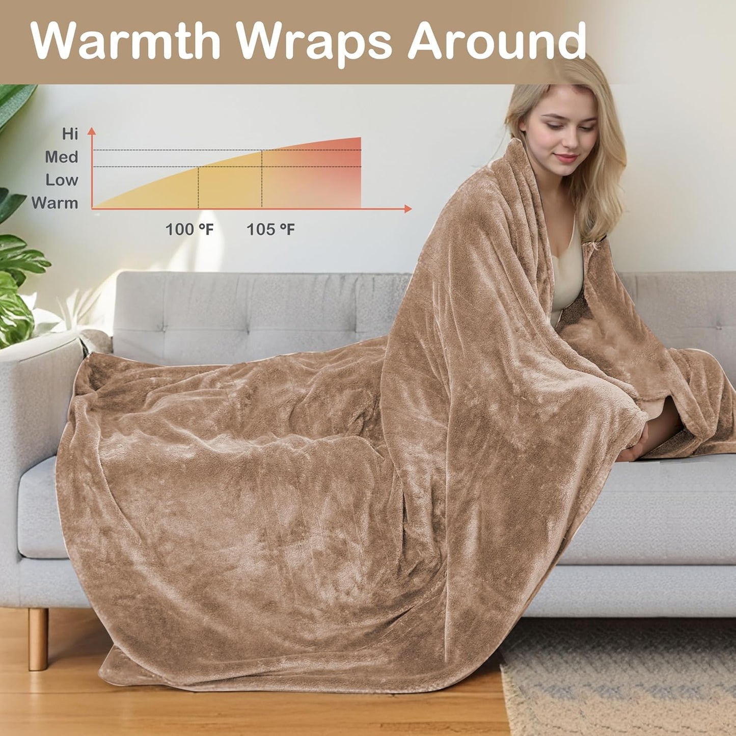 Electric Heated Blanket Full Size 72"x84",Soft Large Oversized, 4 Heating Levels & 10 Hours Auto Off, Cozy for Bed, Sofa, & Office, Machine Washable, Camel