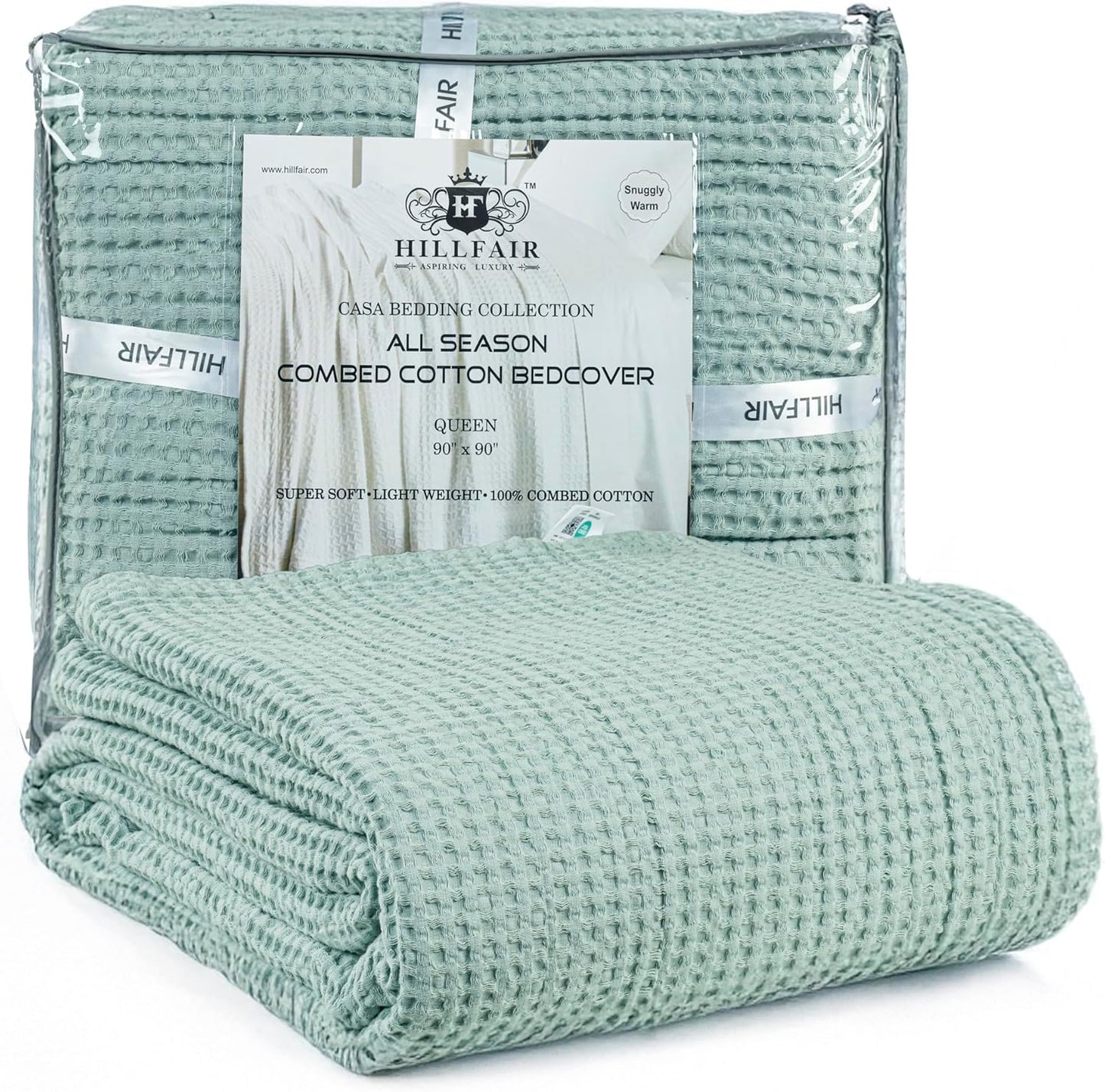 HILLFAIR 100% Combed Cotton Blanket– Twin Size Bed Warm Soft All Season Breathable Lightweight Summer Blankets– Waffle Weave Home Decor Bed Blanket- Sage Twin Cotton Blankets/Bedcovers