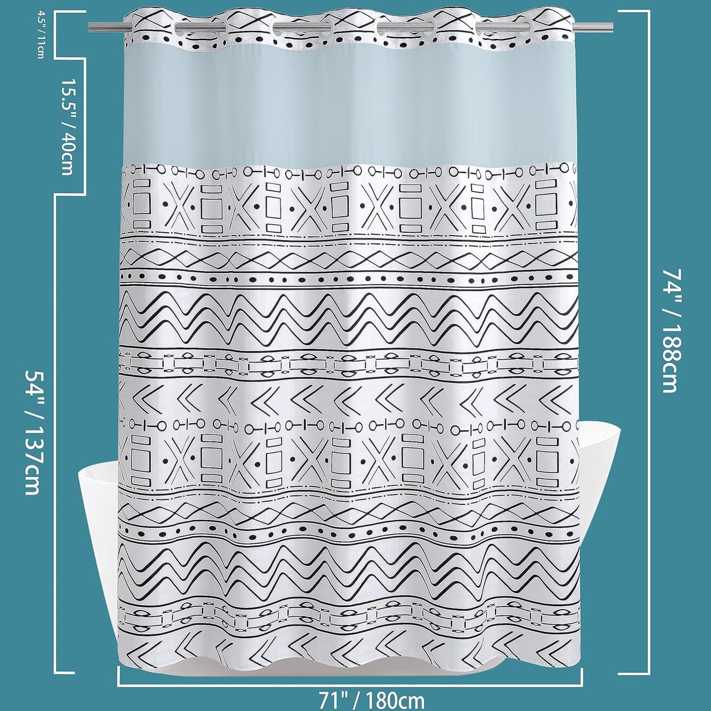 Conbo Mio No Hook Boho Shower Curtain with Snap in Liner Set, Hotel Luxury White Shower Curtains for Bathroom with See Through Top Window, Waterproof, Washable 71W x 74H