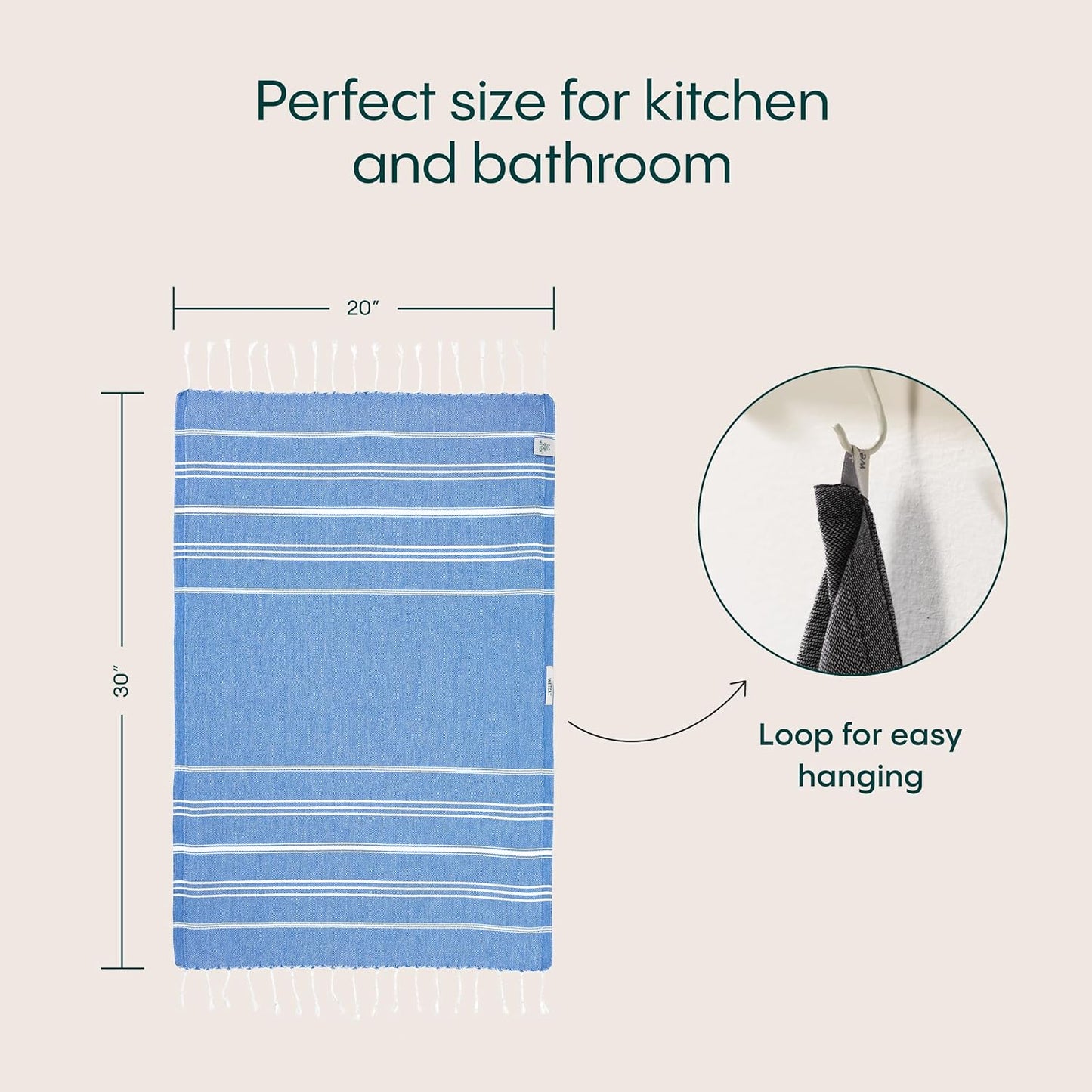 WETCAT Turkish Hand Towels with Hanging Loop, Set of 2 (20" x 30") 100% Turkish Cotton, Pre-Washed, Quick Drying, for Kitchen or Bathroom - Blue