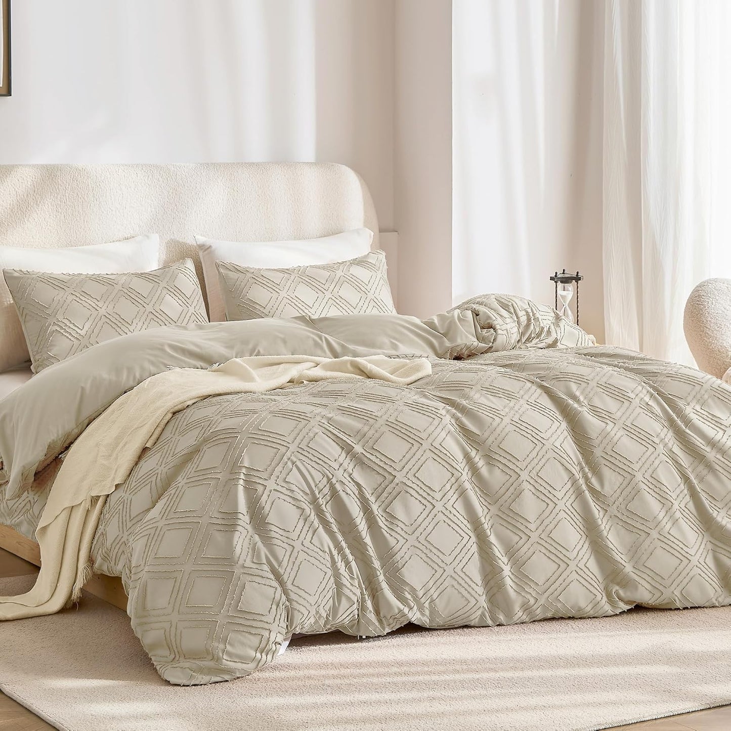 JELLYMONI Duvet Cover Queen Size Light Khaki - 3PCS Boho Duvet Cover Set Plaid Polyester Tufted Bohemian Jacquard Knit Textured Comforter Cover 90×90in Rhombic Geometric Pattern Zipper Corner Tie