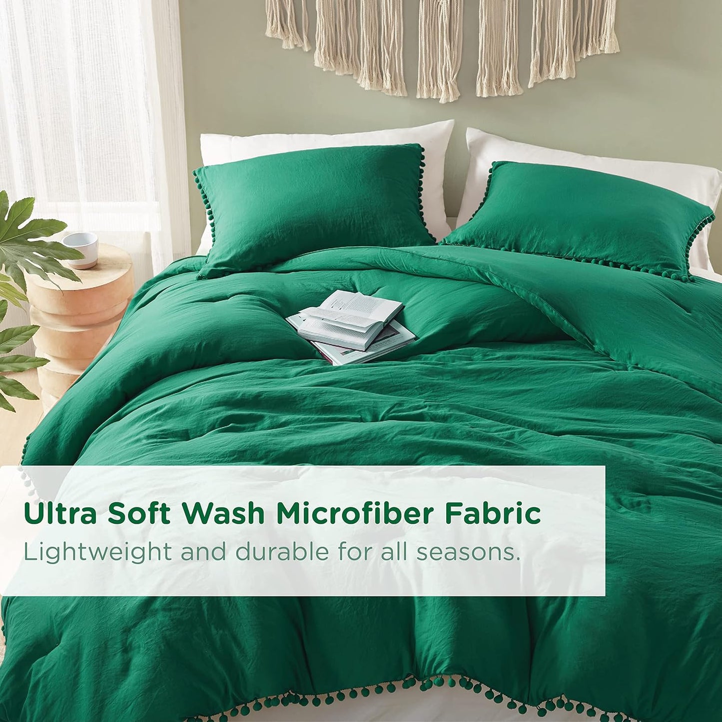 Codi Emerald Green Full/Queen Comforter Set - Boho Aesthetic Bedding with Luxurious Pom Fringe, Soft Washed Microfiber 3pc Set, Couple-Friendly Lightweight Design, 1 Comforter & 2 Pillow Shams