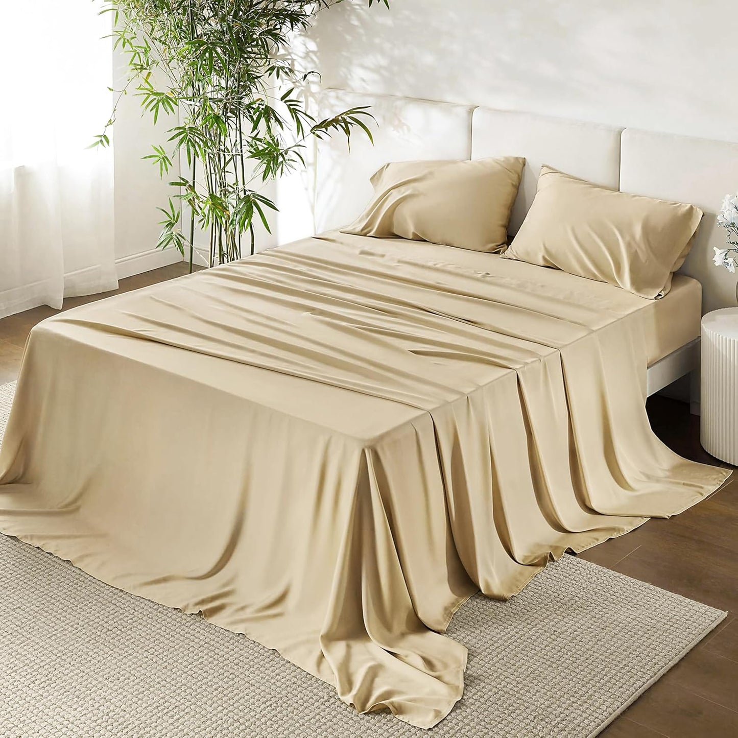 URBANHUT 100% Egyptian Cotton Sheets - 1000 Thread Count Queen Sheet Set (4Pc), Sateen Weave Luxury Hotel Sheets - Fits Upto 16" Mattress - Sand(Beige)