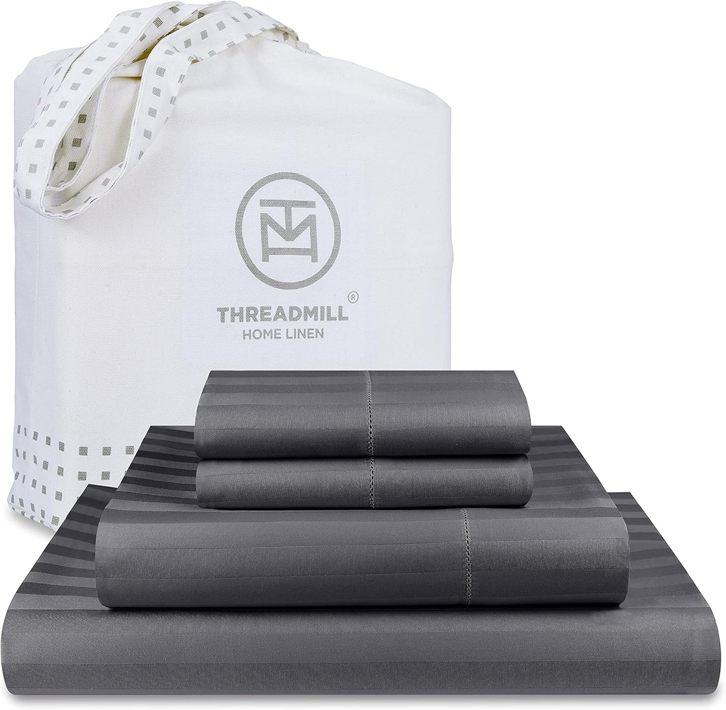 Threadmill 500 Thread Count King Size Damask Stripe, 4 Pc Luxury Cotton Sheet Set, Silky Soft & Breathable Dark Grey Sheets with 16" Elasticized Deep Pocket, 2 Pillowcases & Free Tote Bag
