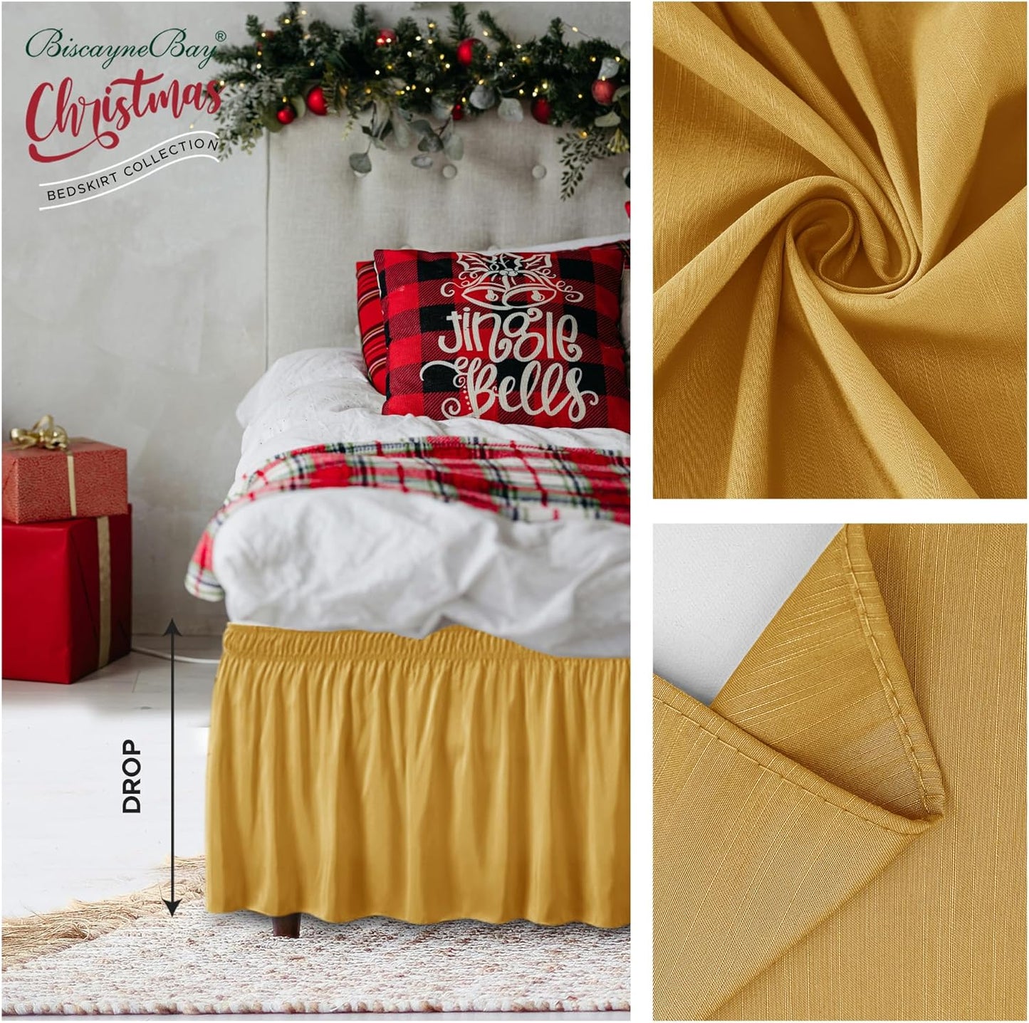 Biscaynebay Wrap Around Bed Skirts for Full & Full XL Beds 15" Drop, Christmas Gold Adjustable Elastic Dust Ruffles Easy Fit Wrinkle & Fade Resistant Silky Luxurious Fabric Machine Washable