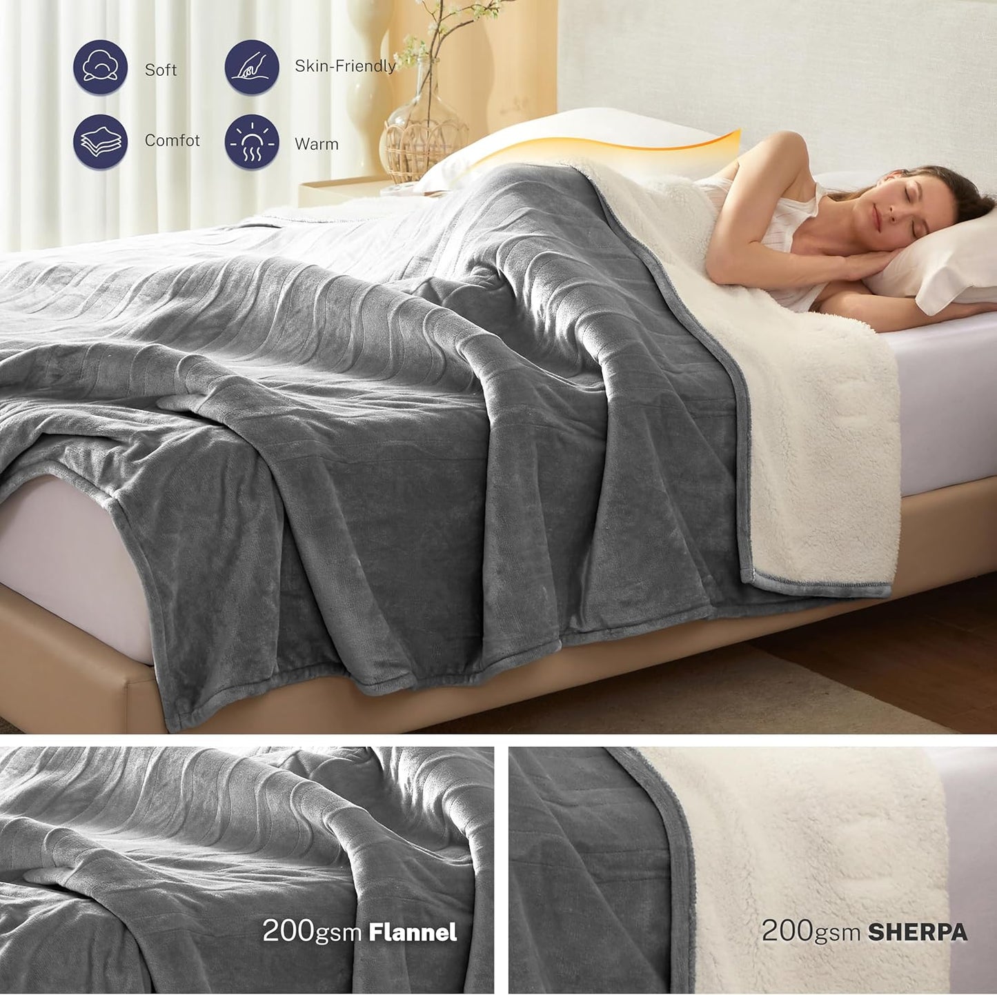 Electric Blanket Full 72"x84" Heated Electric Blankets 10 Heating 12 Time Settings Levels 8 Hours Auto Off Fast Heating and Overheat Protection ETL Certified Machine Washable,Light Grey