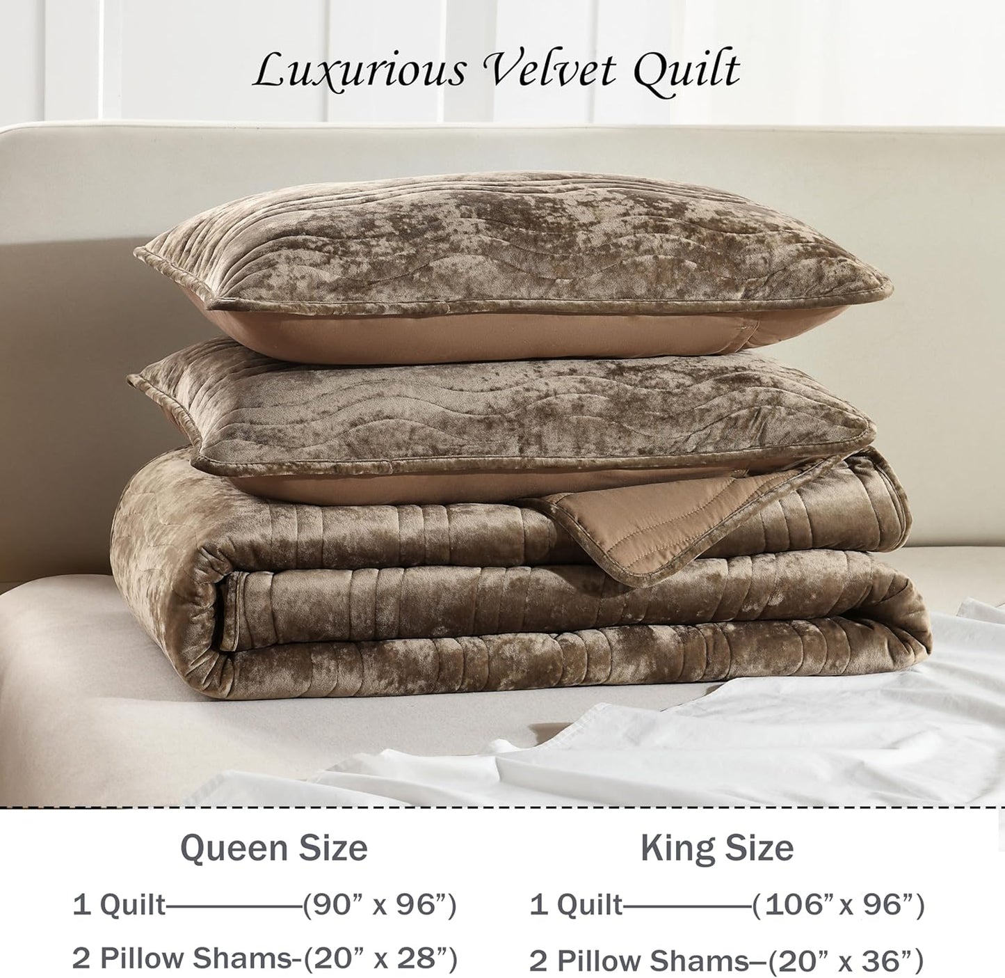 Velvet Quilt Set, Mocha Brown Velvet Quilt King Size Comforter Set, Luxury Bedding Soft Plush Bedspread, Machine Washable Coverlet, All-Season 3 Pieces