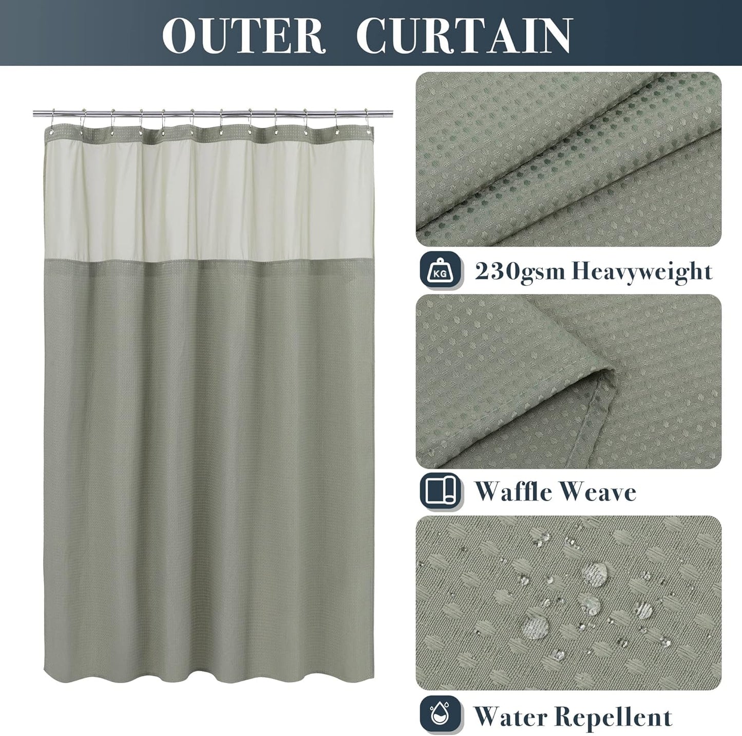 N&Y HOME Extra Long Waffle Weave Shower Curtain with Snap-in Fabric Liner & Hooks Set - 71" x 84", Hotel Style & Mesh Top Window, Machine Washable - 71x84 Inches, Sage Green