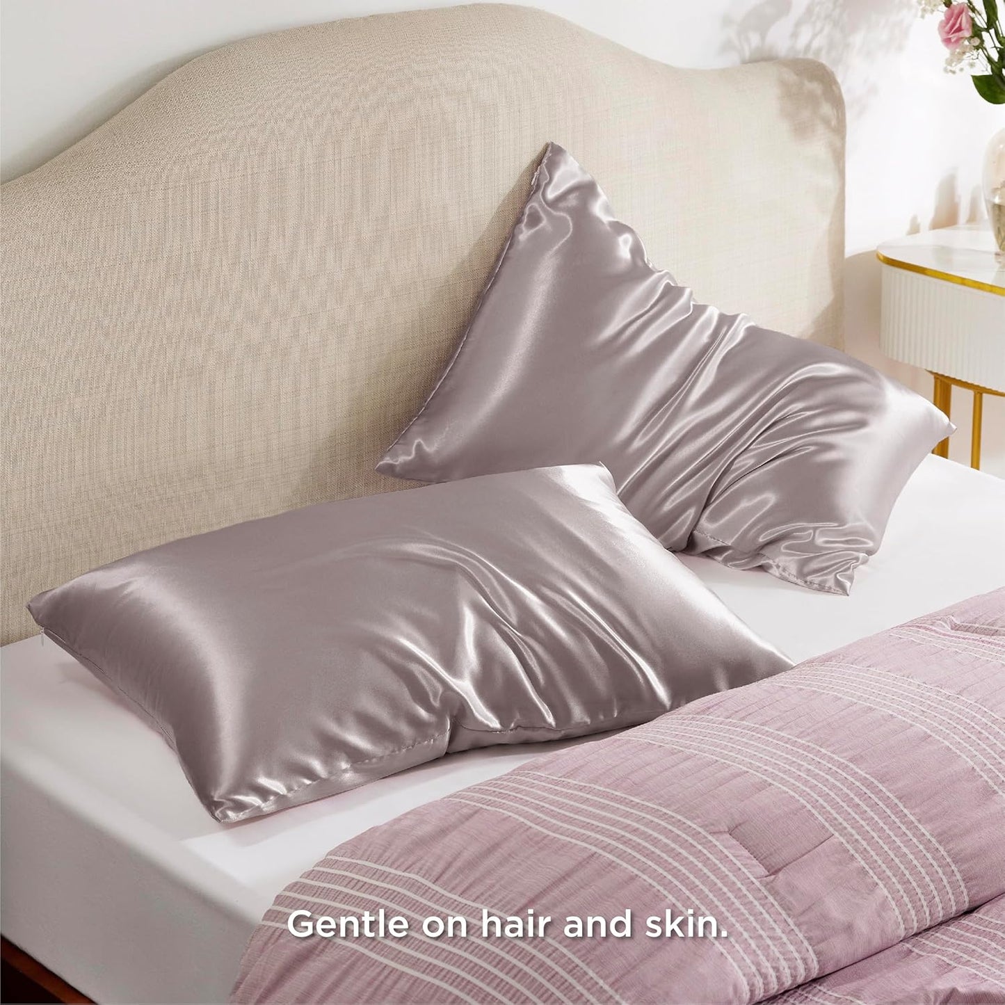 Bedsure Satin Pillowcase with Zipper, Similar to Silk Pillow Cases 2 Pack, Satin Pillow Cases Queen, Silky & Soft Bedding Pillow Covers for Hair & Skin, Gifts for Women Men, Dusty Rose, 20x30 Inches