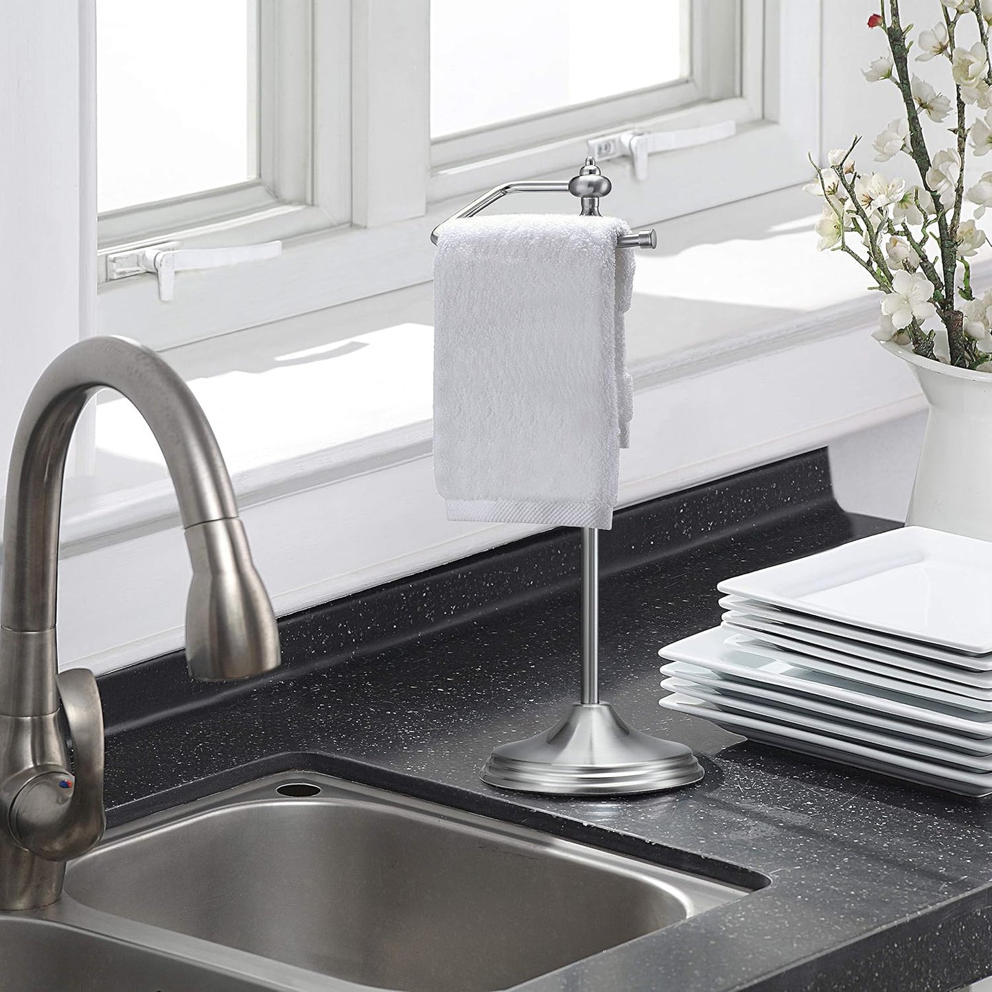 SunnyPoint Heavy Weight Metal Fingertip Towel Holder Stand for Bathroom, Kitchen, Vanity and Countertops; Hanging Bar is 14.2" Height (Satin Nickel, 15.6" x 5.6" x 5.6")-Easy Assembly Required.