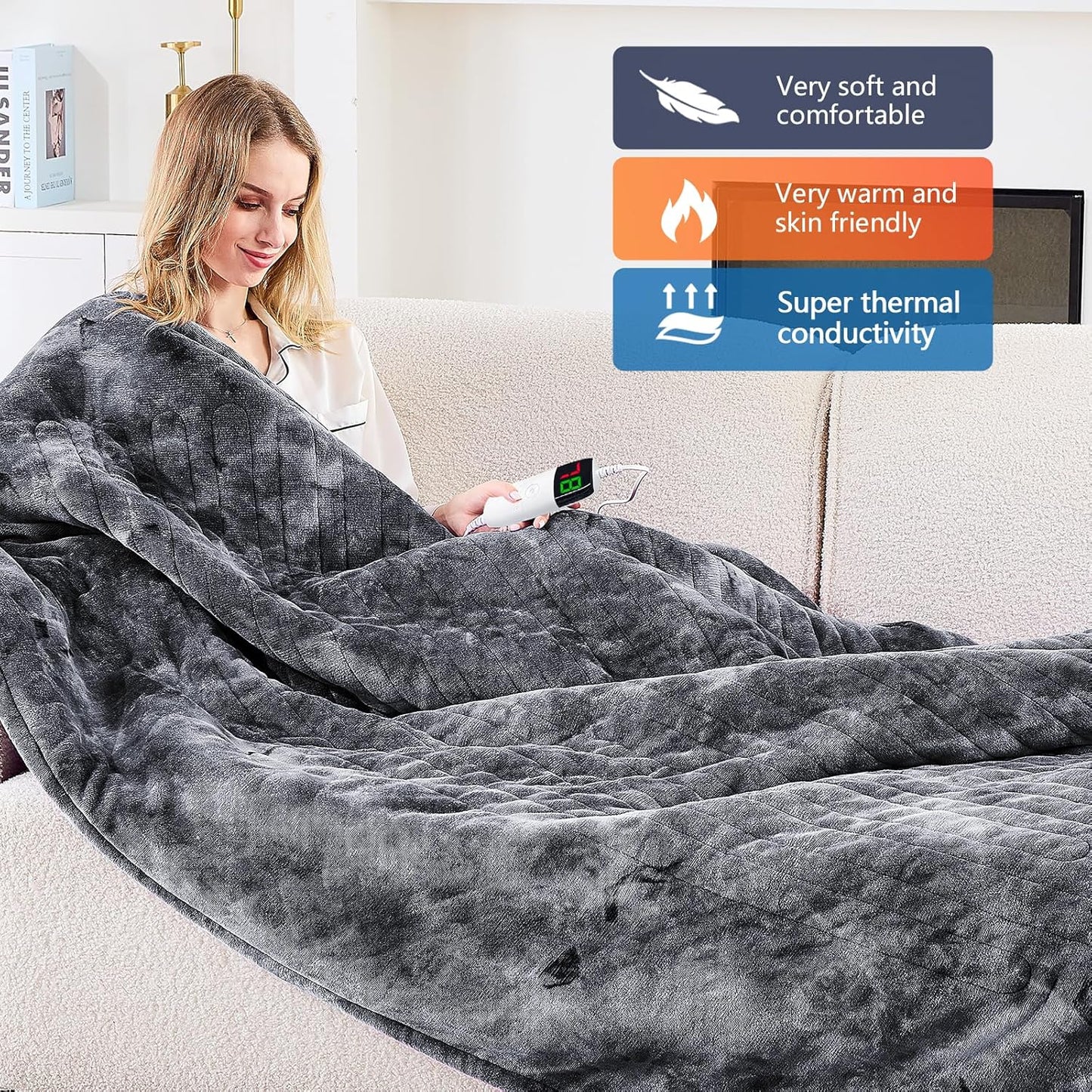 greenoak Heated Electric Blanket Throw, Faux Fur Sherpa Heating Blanket for Sofa Bed, Warm Winter Gift for Dad/Grandma, Heater Lap Blankets 5-Position Timer &10 Heating Levels 62''*84" Marble Grey