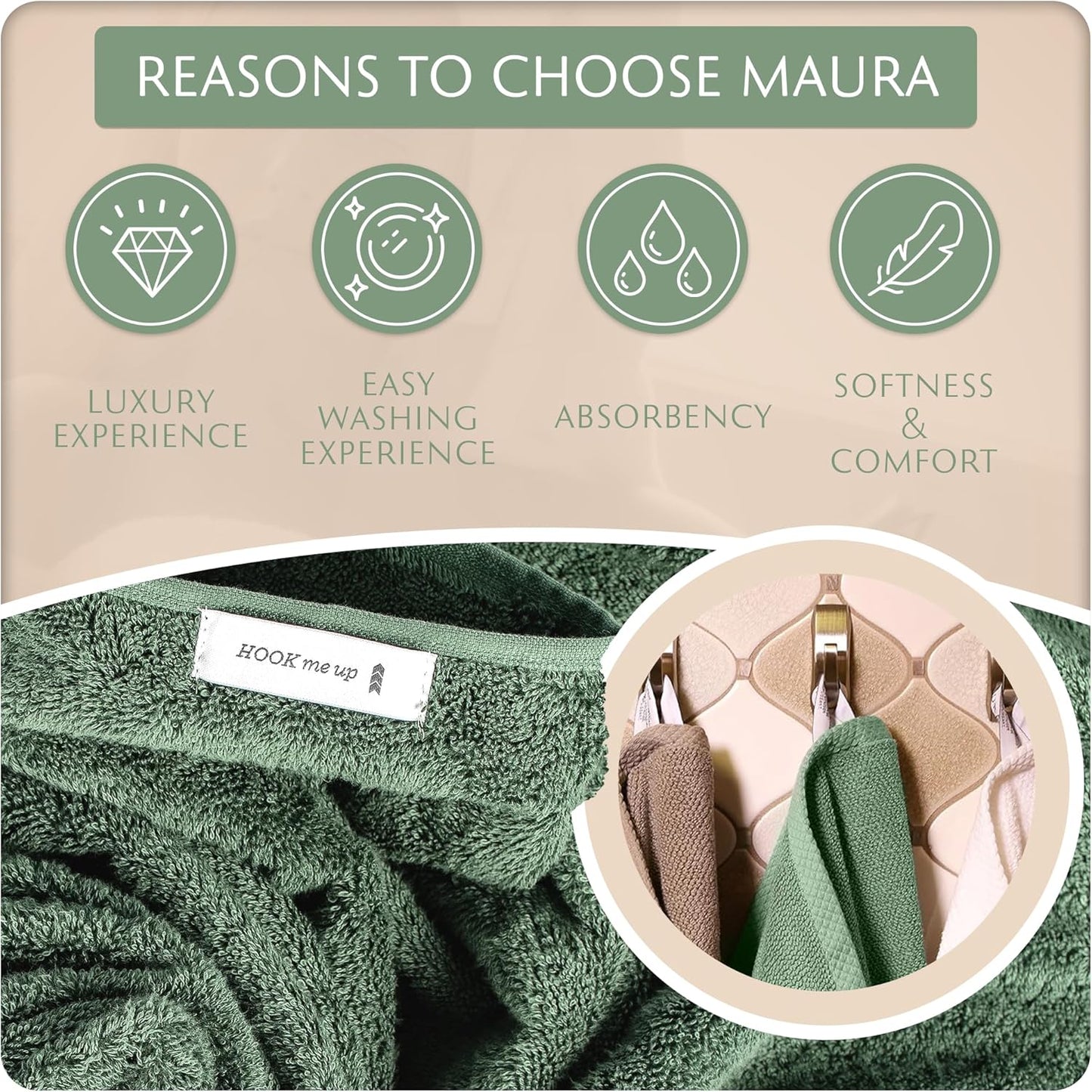MAURA Basics Performance Bath Towels 100% Turkish Cotton with Hook Loops. Extra Large Luxury Absorbent Plush Towel Sets for Bathroom, Daily Use American Standard Size 27”x54”, Sage Green