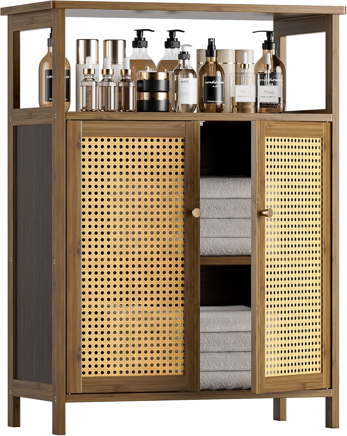 HITNET Rattan Bathroom Floor Cabinet, Freestanding Bamboo Storage Cupboard with 2 Doors, Living Room Sideboard, Space Saving, Walnut