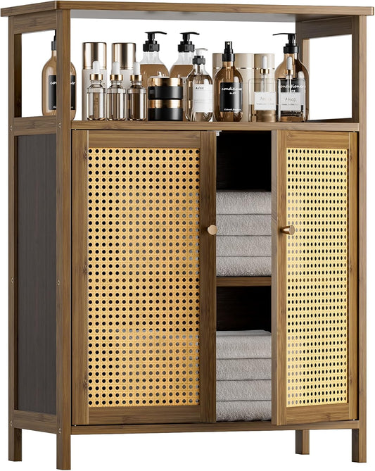 HITNET Rattan Bathroom Floor Cabinet, Freestanding Bamboo Storage Cupboard with 2 Doors, Living Room Sideboard, Space Saving, Walnut