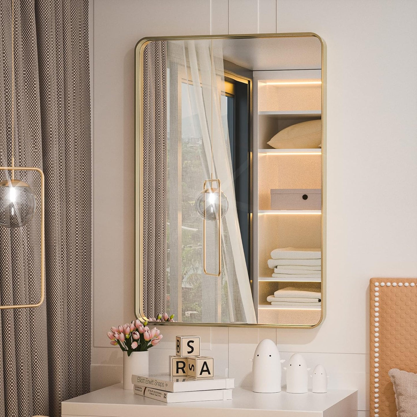 TETOTE Brushed Gold Bathroom Mirror, 24 x 36 Inch Metal Framed Mirror, Brushed Brass Rectangle Wall Mounted Golden Vanity Mirror (Horizontal/Vertical)