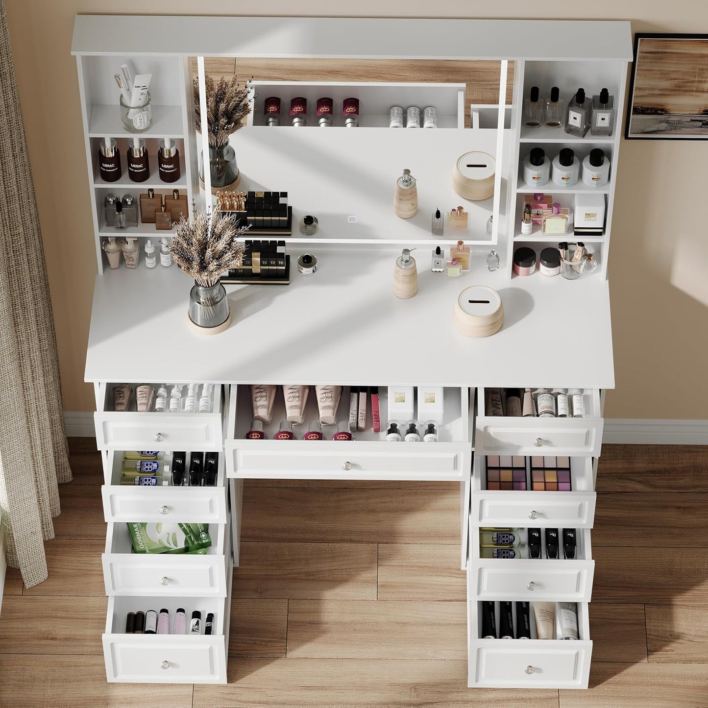 Makeup Vanity Desk with Mirror and Lights, 47" Large Vanity Table with 9 Drawers & 10 Open Storage Shelves, Brightness Adjustable, Dressing Table for Bedroom, Women Girl (White, A Panel)