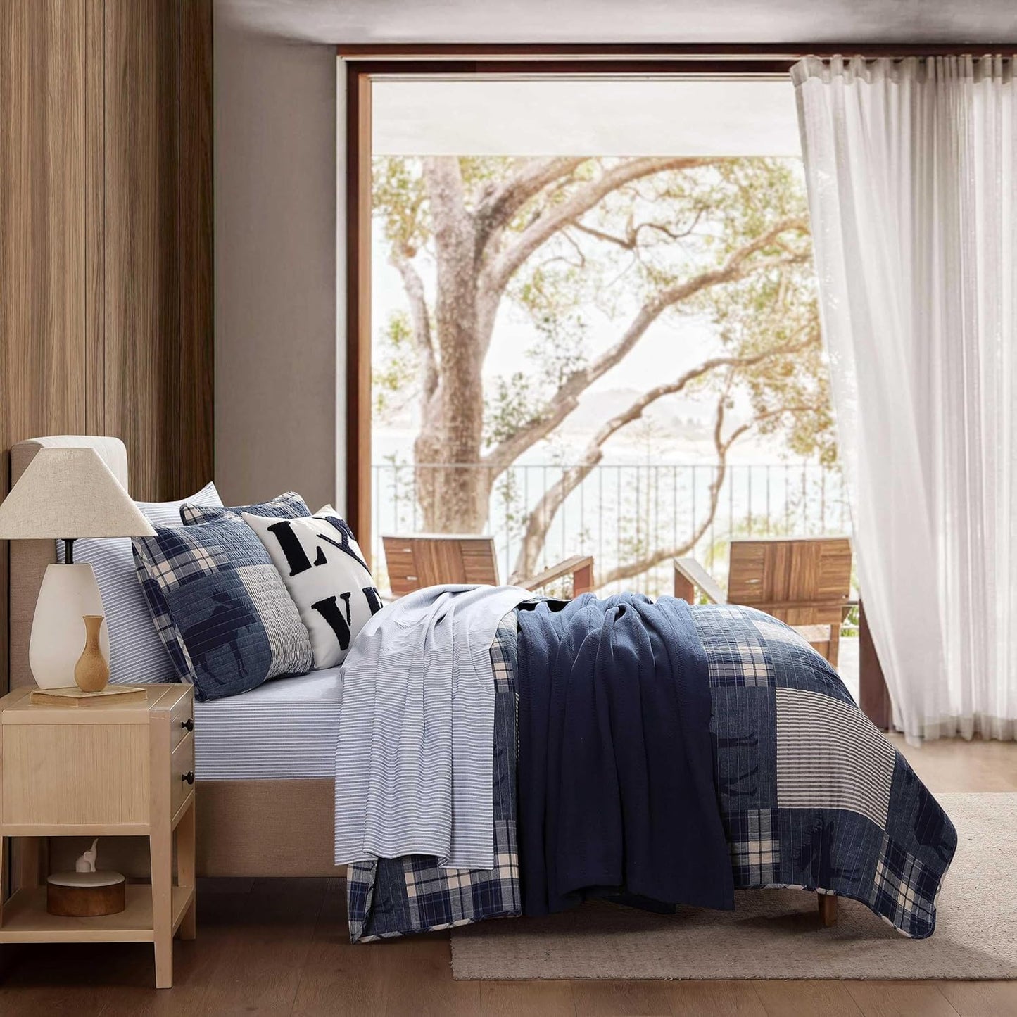 Eddie Bauer - Twin Quilt Set, Naturally Soft Cotton Bedding w/a Lightweight Feel for All-Year Comfort, Reversible w/Matching Pillowcase, 2 Piece Bed Set (Moose Plaid/Pinstripe/Patchwork Blue)