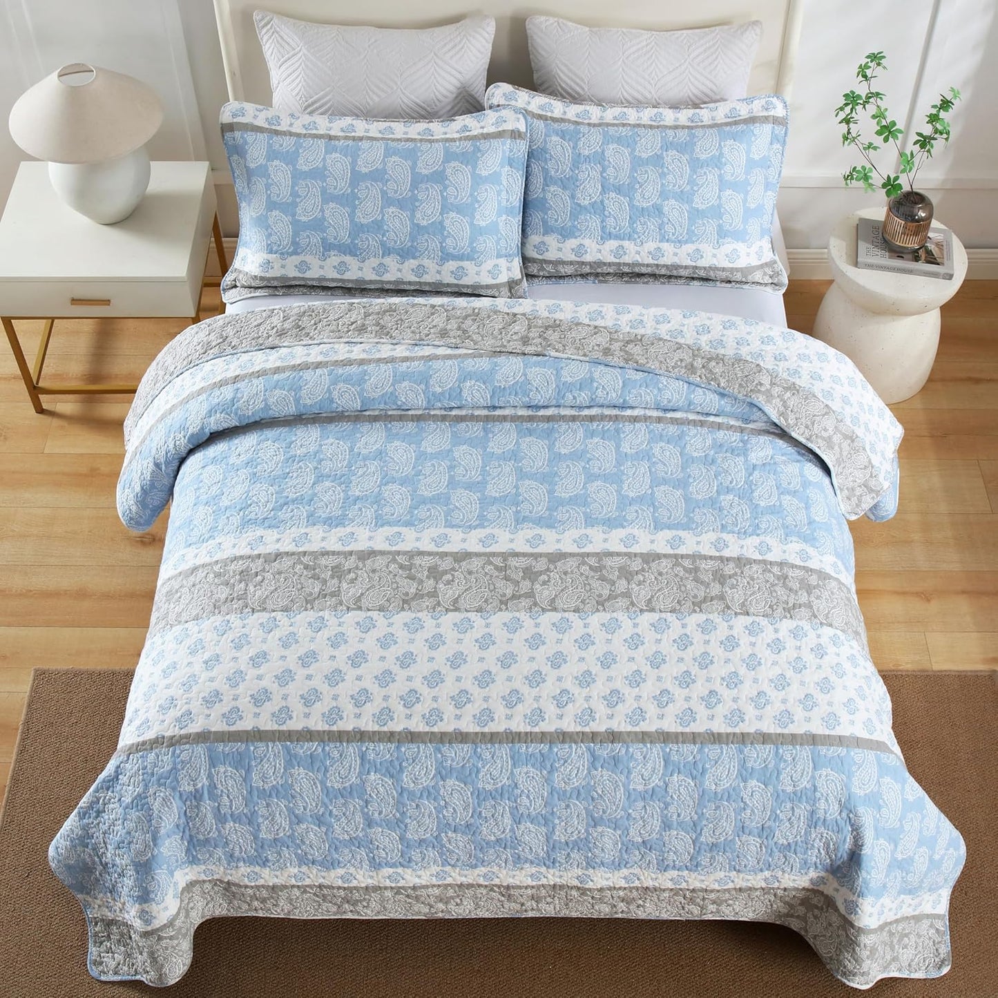 Quilt King Size, Cotton Bedding Set, Blue Striped King Size Comforter Set, Bohemian Bedspread with Shams for All Season, 3 Pieces